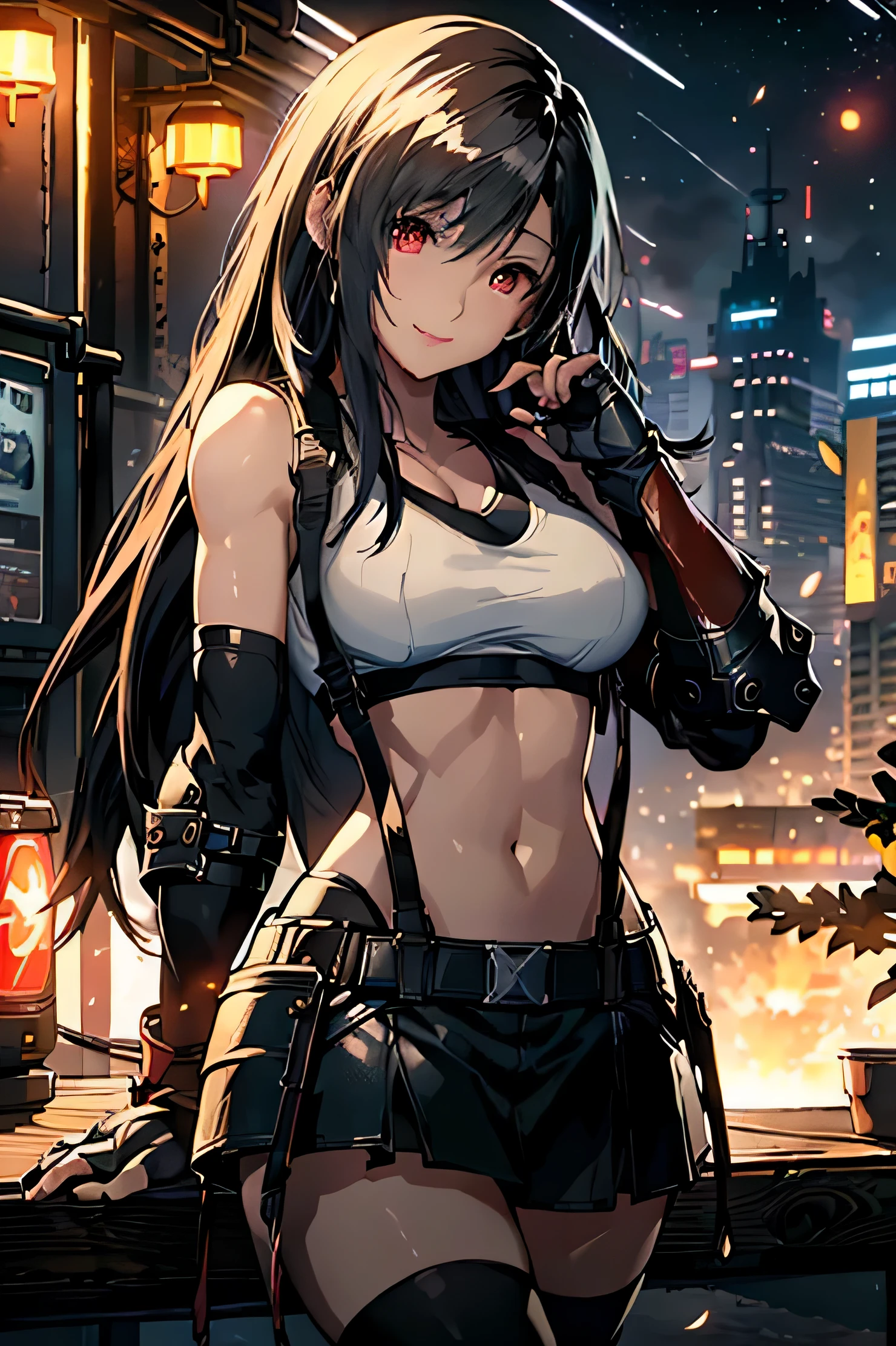 Siska, solo, long hair, blue eyes, black hair, hair ornament, hairclip, mole, blush, lipstick, outdoors, rooftop, cityscape, building, railing, night, night sky, scenery, city lights, fur trim, mature female, gloves, fur-trimmed coat, masterpiece, best quality, highly detailed, a girls with a gun, evil smile , open mouth, sexy gaze, badass
pose , evil smile, smile, (nsfw) not safe for work, guns blazing, anime girl with long hair, beautiful long
haired girl, navel, evil expression, exposed belly, exposed navel, exposed midriff, exposed lower belly,
long black pants, crop top, cleavage, unbuttoned leather pants ,open fly, low rise black leather pants,
leather jacket, holding a gun, navel piercing
