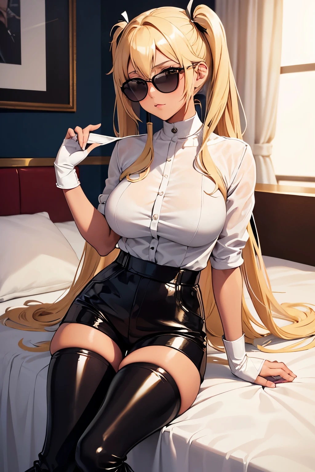 Detailed Image, Rich girl , (very tanned skin 1), blonde pigtails hairstyle, in expensive black leather tight shorts, in a very expensive white shirt, gloved, in thigh-high boots, in pantyhose, In sunglasses, in a luxury hotel room 