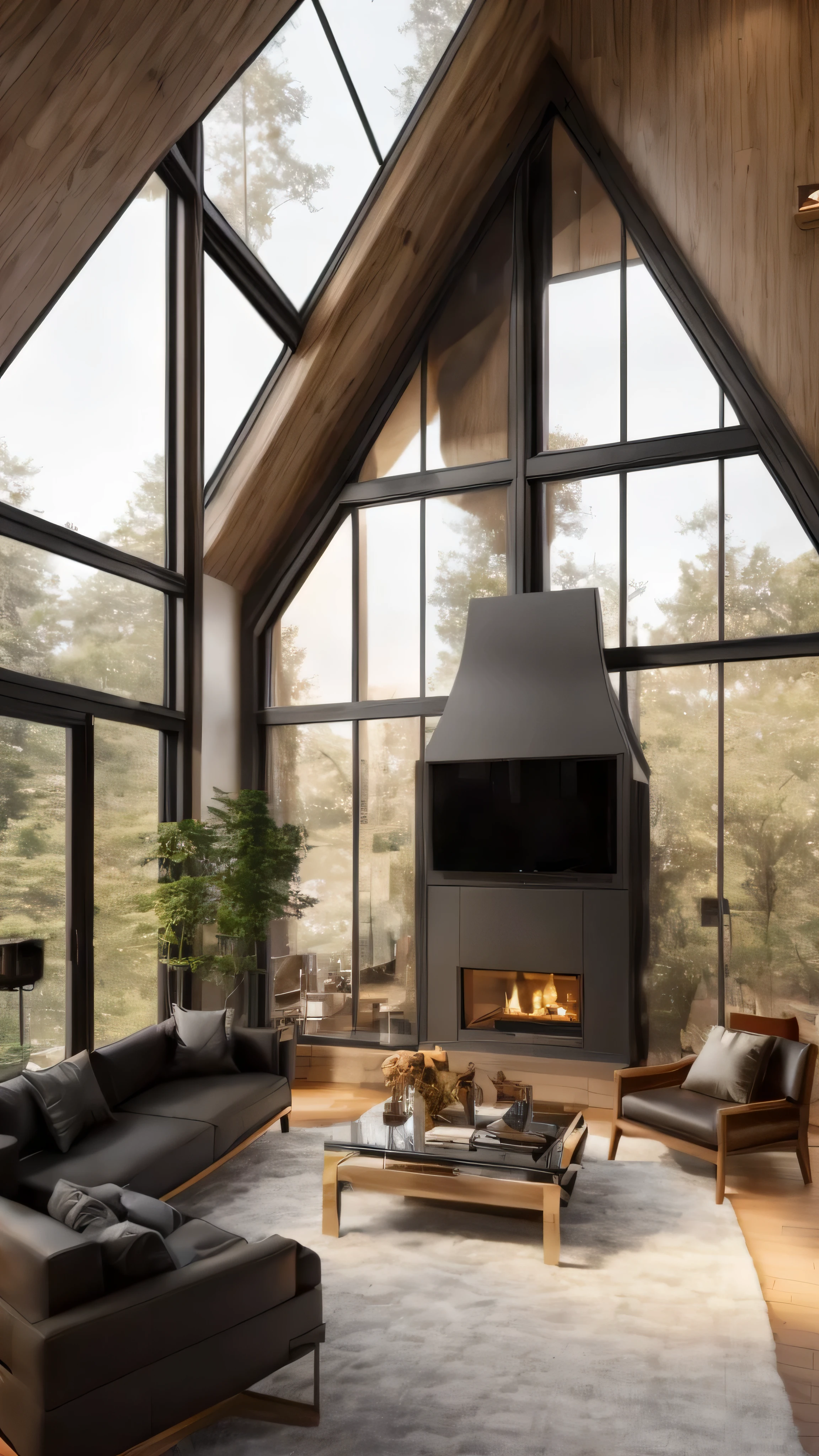 arafed living room with a fireplace and a large window, tall ceilings, large glass windows, tall ceiling, architectural visualization, floor to ceiling window, large windows, floor - to - ceiling windows, cozy contemporary living room, warm interior, enscape render, modern house in the wood, very tall ceilings, tall obsidian architecture, large windows to forest at night