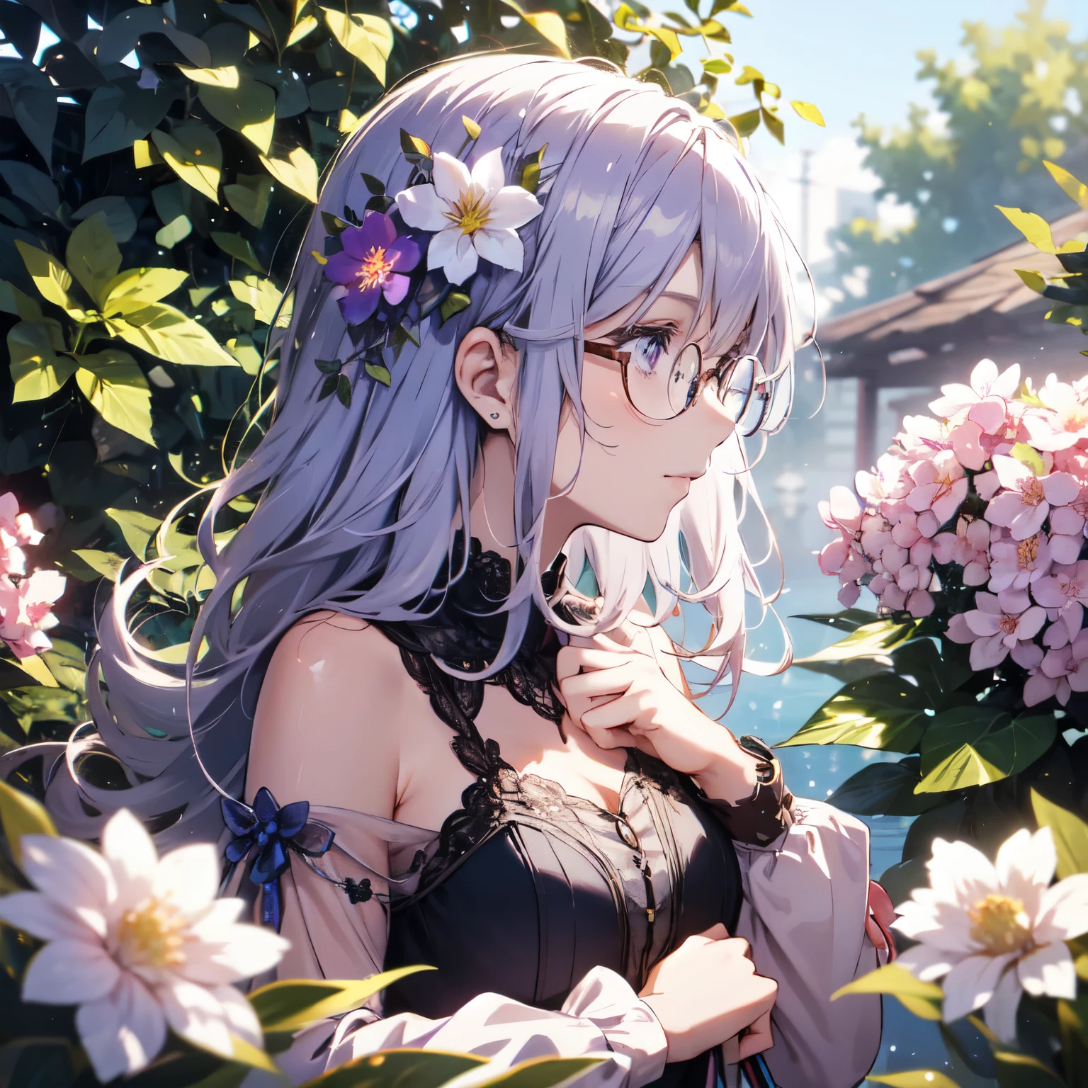 Natural light, floating hair, soft smile, profile, light purple hair, Spring flower, (Glasses)