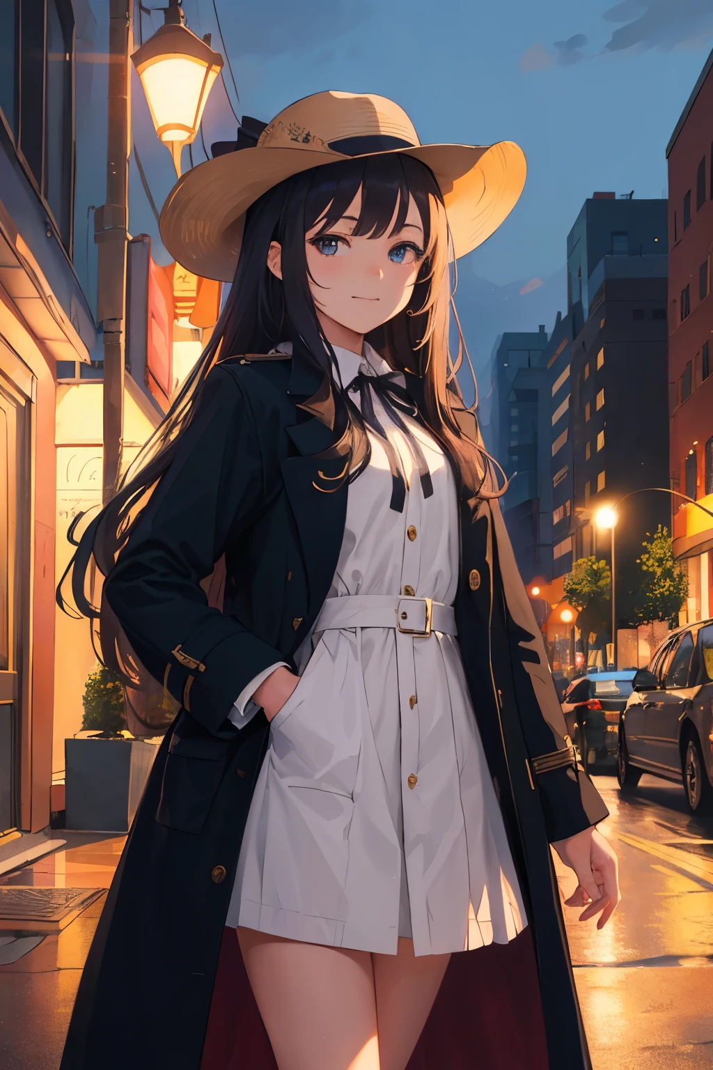 (masterpiece, ultra high res, best quality:1.1), (flat color), 1girl, solo, teen, cowboy shot, (depth of field:1.2), (night), (long coat), downtown, (street light:1.1), (Fantastic lighting), looking at viewer, black hair, long hair, [smile], (Closed mouth)