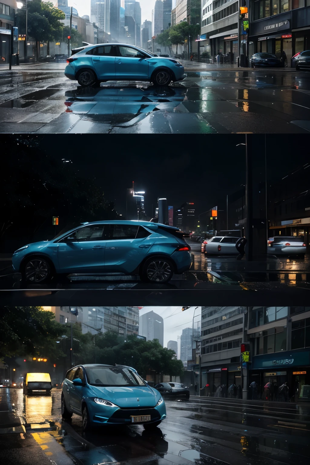 An electric car driving through a city under a pouring rain with vibrant blue colors. The car has a sleek design, with a polished exterior and clean lines. It seamlessly blends into the urban environment, powered by electricity. The raindrops on the car's surface add a sense of freshness and motion.
The scene is depicted in high resolution, with every detail meticulously captured. The raindrops glisten on the car's windows, and the reflections of the surrounding buildings dance on its surface. The cityscape is vibrant, with tall skyscrapers and bustling streets.
The car's interior is equally impressive, with a futuristic dashboard and advanced technology. The driver's seat is comfortable and luxurious, enveloping the driver in a cocoon of modernity. The rain outside is kept at bay, thanks to the car's advanced climate control system.
The surrounding environment also reflects the theme of sustainability. Green trees line the streets, and solar panels adorn the rooftops of buildings, showcasing the integration of renewable energy sources. Pedestrians walk leisurely on the sidewalks, appreciating the clean air and quietness of the electric cars passing by.
The overall image has a realistic and detailed style, with attention paid to every aspect of the scene. It evokes a sense of calm and tranquility despite the rain, creating an atmosphere of modernity and environmentally friendly transportation. The colors are predominantly shades of blue, giving the image a cool and refreshing tone.
The lighting in the scene is soft and diffused, reminiscent of a rainy day. The glow of streetlights and car headlights pierces through the misty rain, creating a sense of depth and ambiance. The raindrops catch the light, sparkling and adding a touch of magic to the scene.
(prompt: "electric car driving through city,rainy day,high-resolution,blue colors,detailed,modern design,futuristic interior,green environment,tranquil atmosphere,soft lighting")
