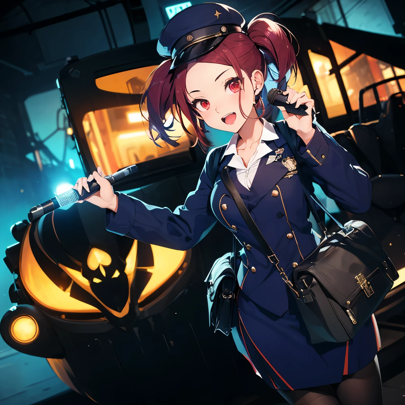 1girl,Spooky atmosphere,Right hand holding microphone,black red hair,Red eyes,black tour guide uniform,Dark blue tour guide hat,Open your mouth,lol,introduce things,cleavage,Buttocks,hip-covering skirt,black stockings,Short hair double ponytail,Carrying a black satchel,tight abdomen,Beautiful and detailed body,Amazing,best quality,Light and shadow effects,tour bus,