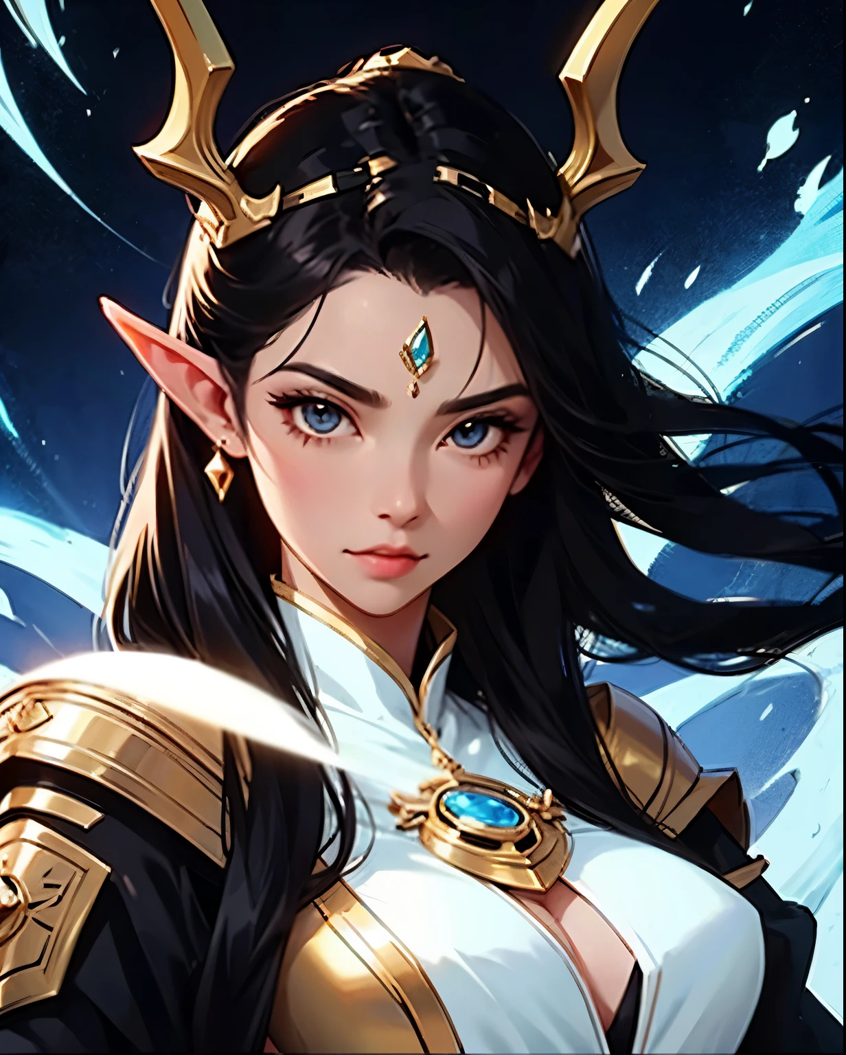 close-up of a man in a suit with horns, she has elven ears and golden eyes,black hair , anime goddess, an Elven Queen,  Goddess Artemis smirks, alluring elf princess knight, Elven Queen, 