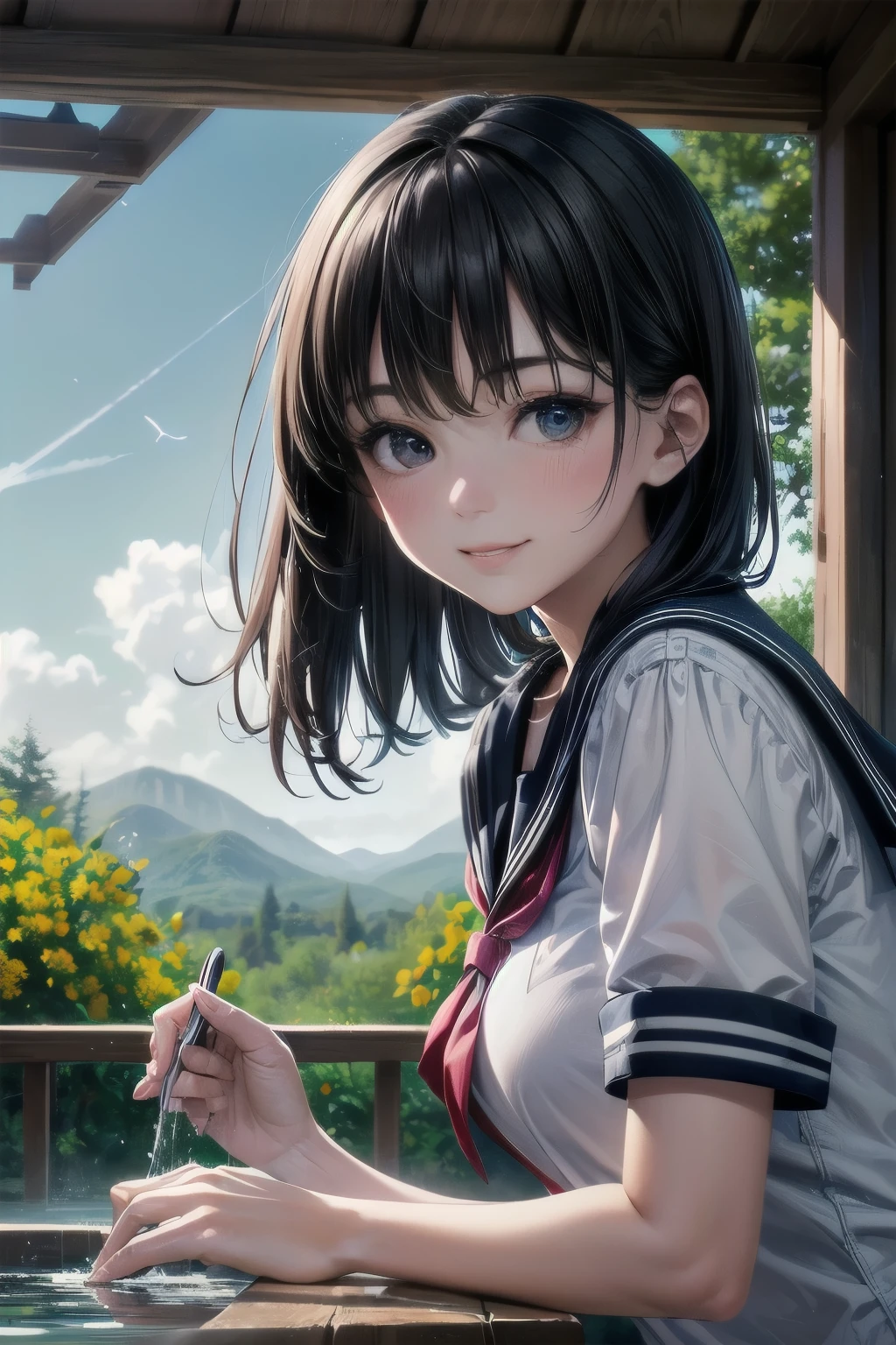 very cute and beautiful school girl,(highly detailed beautiful face),
(smile),looking at viewer,black hair,(sailor school uniform),(pleated navy blue itting on wooden bench in elegant gazebo,flower garden,water fountain,forest,
(best quality,masterpiece:1.2),absurdres,highres,ultra-detailed,extremely detailed,32k,8k resolution,
intricate details,cinematic scene,detailed background,solo,dynamic angle,
hair fluttering in the wind,beautiful detailed sky,perfect hands,