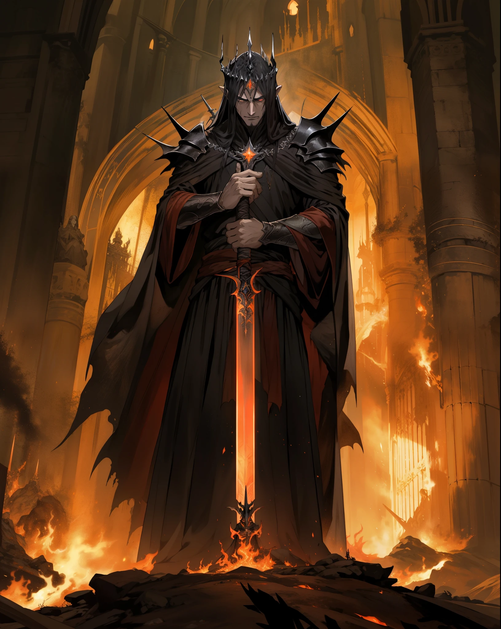 blurred image of a man in a black robe and a sword, o Lorde das Trevas Sauron, portrait of Sauron, Sauron, senhor das cinzas, o Lorde das Trevas, nazgul from lord of the rings, nazgul, arte do senhor do anel, Morgoth, governante do inferno, Mordor, black sword in the hand of ares