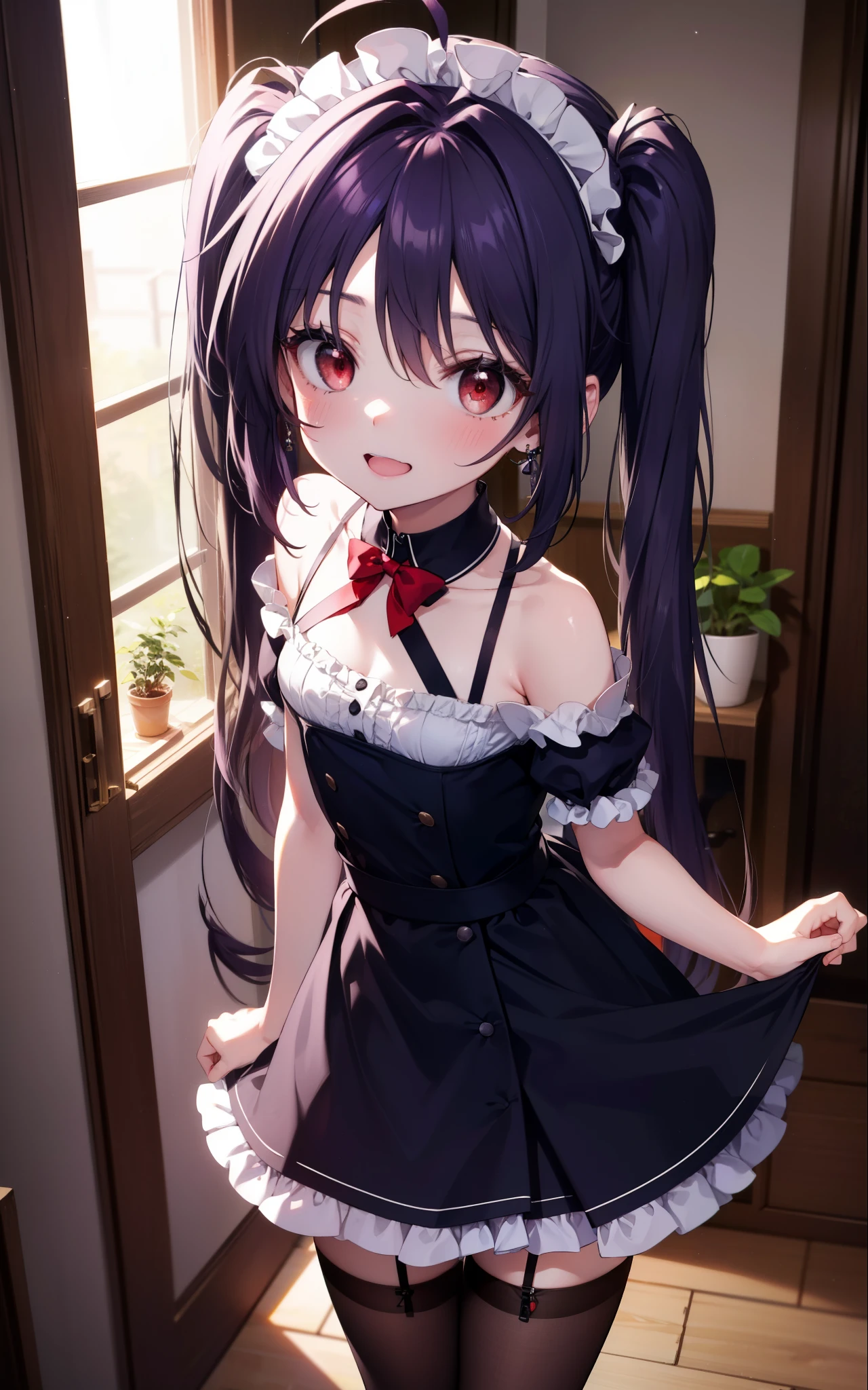 yuukikonno, Yuki Konno, hair band, long hair, pointed ears, purple hair, (red eyes:1.5), (small breasts:1.2),Ahoge,tilt one's face, twin tails,open your mouth,smile,blush,she was wearing a maid skirt, black stockings on her legs, put both arms behind one's back,slouch,peek from above,bare shoulders,
break looking at viewer, Upper body, whole body,
break indoors, Bedroom,
break (masterpiece:1.2), highest quality, High resolution, unity 8k wallpaper, (figure:0.8), (detailed and beautiful eyes:1.6), highly detailed face, perfect lighting, Very detailed CG, (perfect hands, perfect anatomy),