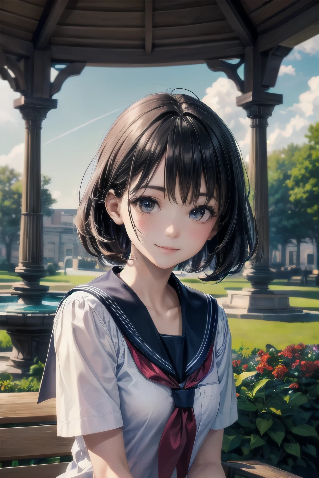 very cute and beautiful school girl,teen,(highly detailed beautiful face),
(smile),looking at viewer,black hair,(sailor school uniform),(pleated navy blue itting on wooden bench in elegant gazebo,flower garden,water fountain,forest,
(best quality,masterpiece:1.2),absurdres,highres,ultra-detailed,extremely detailed,32k,8k resolution,
intricate details,cinematic scene,detailed background,solo,dynamic angle,
hair fluttering in the wind,beautiful detailed sky,perfect hands,