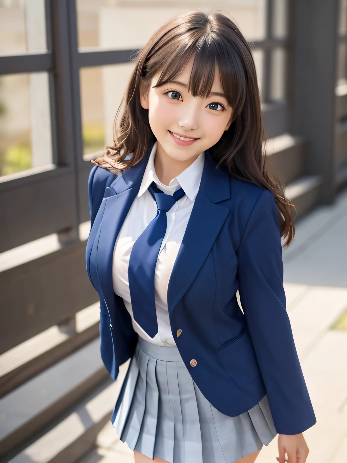 8k, highest quality, real image, intricate details, Super detailed, ultra high resolution, depth field,(realistic,realistic:1.2), from the middle, 1 Japanese girl, very beautiful 17 year old girl, Big eyes, beautiful breasts:1.5、highly detailed eyes:1.2), (beautiful breasts:1.1), (small breasts:1.5), wavy hair、curly hair、bangs, perfect skin, Fair skin, huge hips, thick thighs, thick legs, cleavage, tight waist, light blush, alone, looking at the viewer, (smile:1.4), ((School_uniform),(dark blue blazer), (white shirt、wear a tie), (gray pleated skirt), (sculpture installation :1.1)