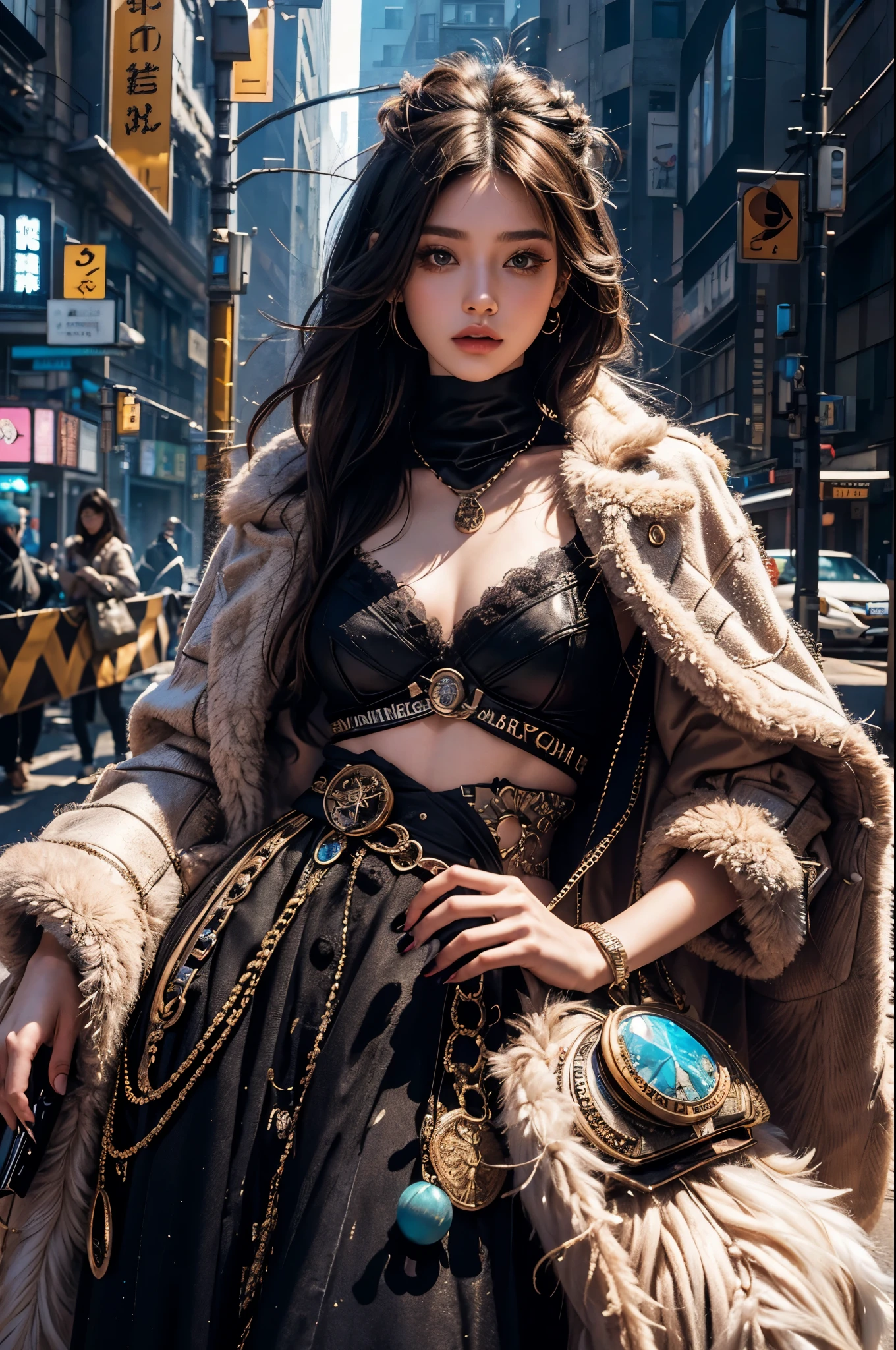 embedded:E-GM\E-garland_Blackee is、Wearing colorful dresses and fur coats、This is a girl with a normal waist posing for a photo while looking at the viewer., Attaching Edge TM_style fashion, eccentric clothing,  16k, Awards, 最high quality, high quality, High resolution, masterpiece, Super detailed, photography style, photorealism style, hyperrealism style, hyper maximalist, fashion photography, attractive photos, embedded:positive\epi photo,   