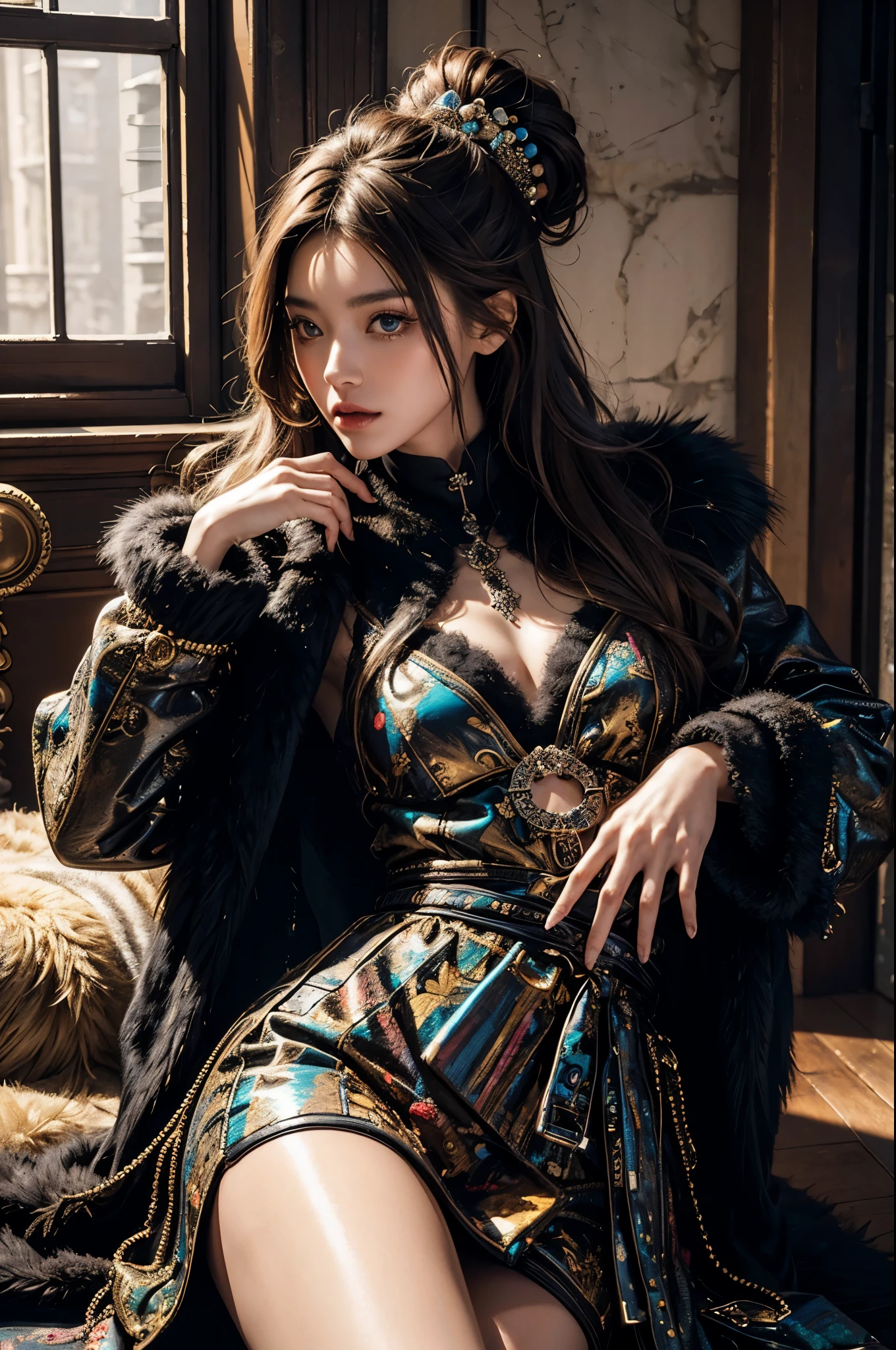 embedded:E-GM\E-garland_Blackee is、Wearing colorful dresses and fur coats、This is a girl with a normal waist posing for a photo while looking at the viewer., Attaching Edge TM_style fashion, eccentric clothing, 16k, Awards, 最high quality, high quality, High resolution, masterpiece, Super detailed, photography style, photorealism style, hyperrealism style, hyper maximalist, fashion photography, attractive photos, embedded:positive\epi photo,