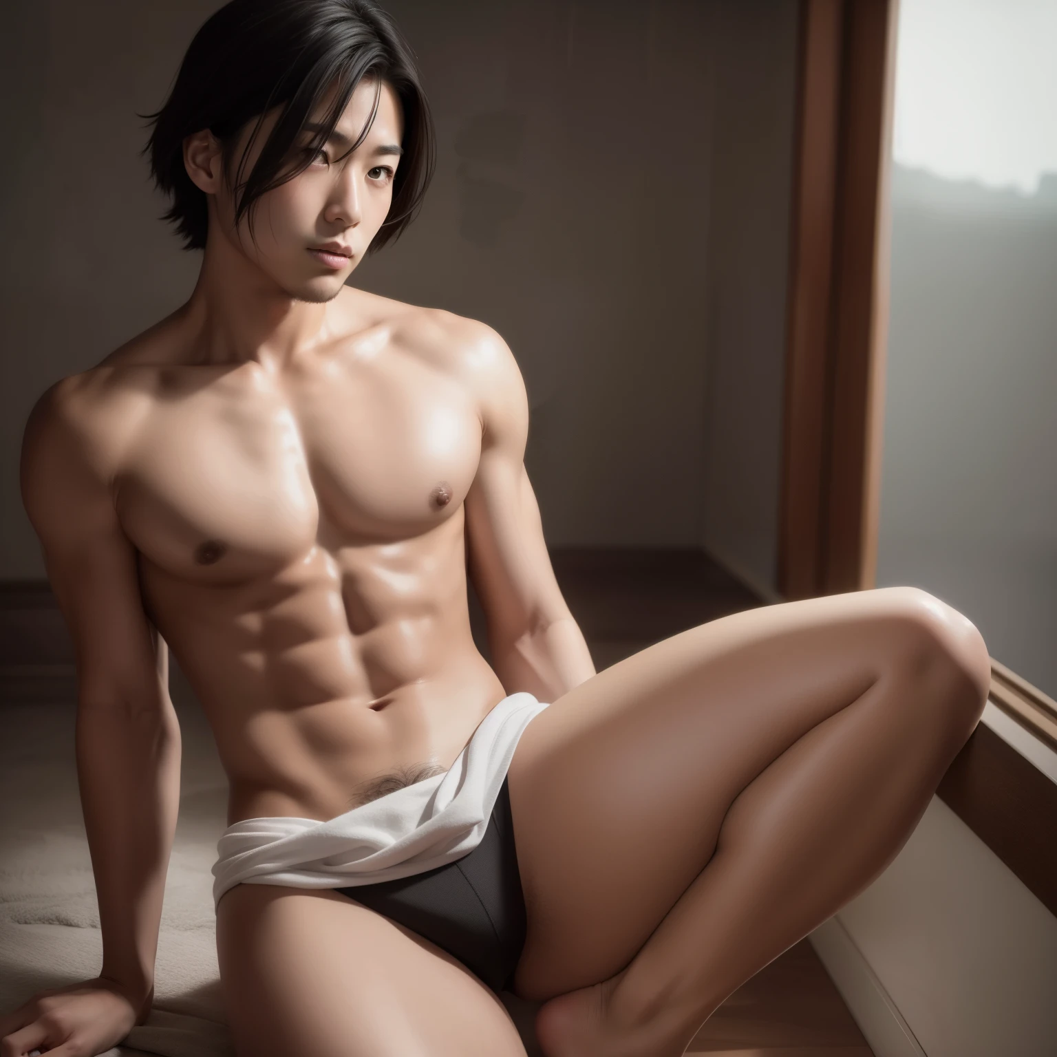 Incomparable masterpiece, perfect artwork, (defying traditional norms), no shirt, no pants, Korean men, ((toned body:0.5)), black hair:1.7, short, not too long, realistic, solo, (gritty:1.2), best quality, ultra high resolution, bold and raw, (realism:1.4), embracing their unique style, (unconventional:1.1)