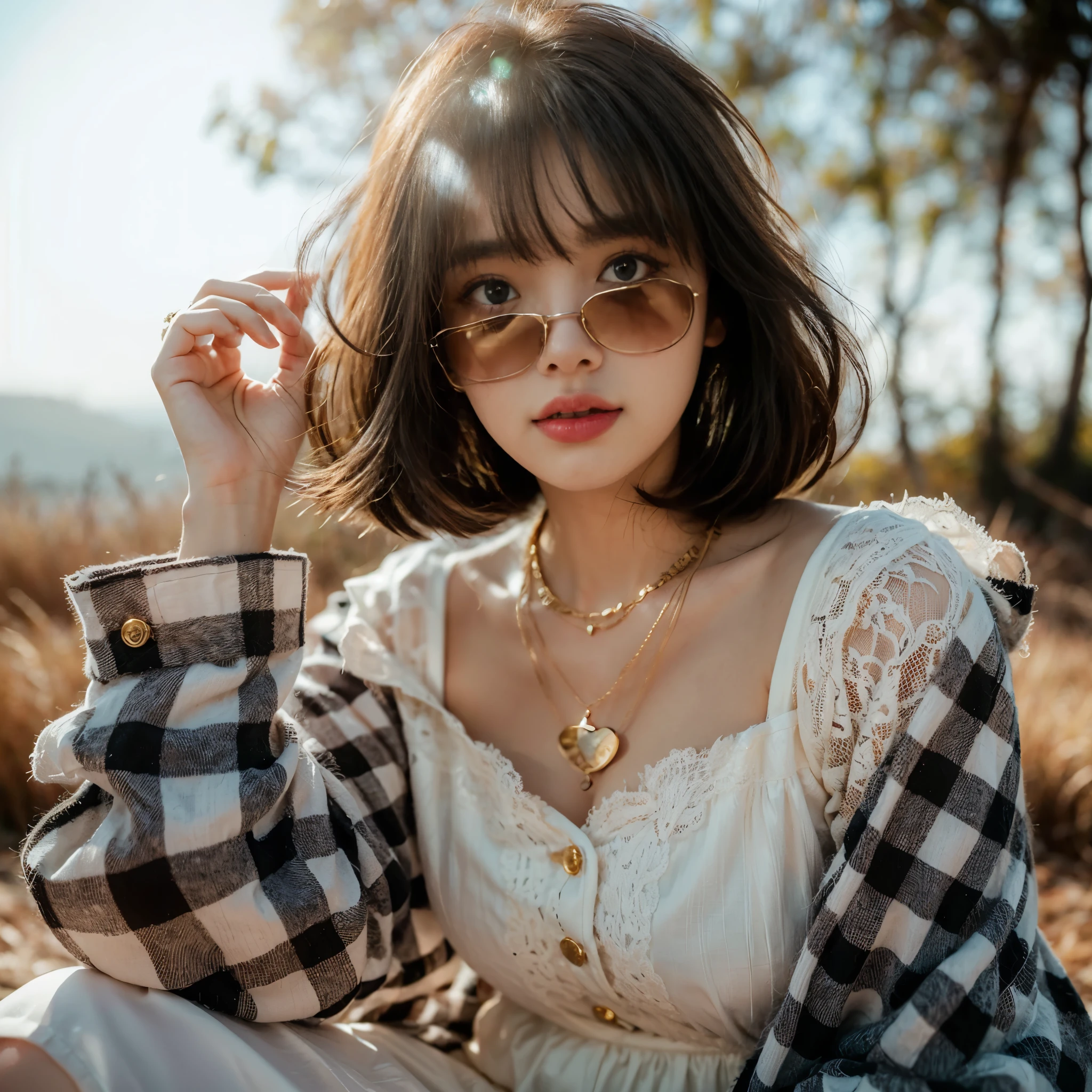 Candid photography of a 20 year old girl, see-through bangs hairstyle, chubby, wearing a white dress with lace details wrapped in an oversized checkered shirt, with gold necklace flattering fit in her chest and glossy sunglasses, sitting with her left hand holding her hair, outdoor photo background with trees and clear sky as a background, the sun shining from behind creates a beautiful backlight effect on the photo, bokeh, textured, distressed, edgy, noisy, high contrast