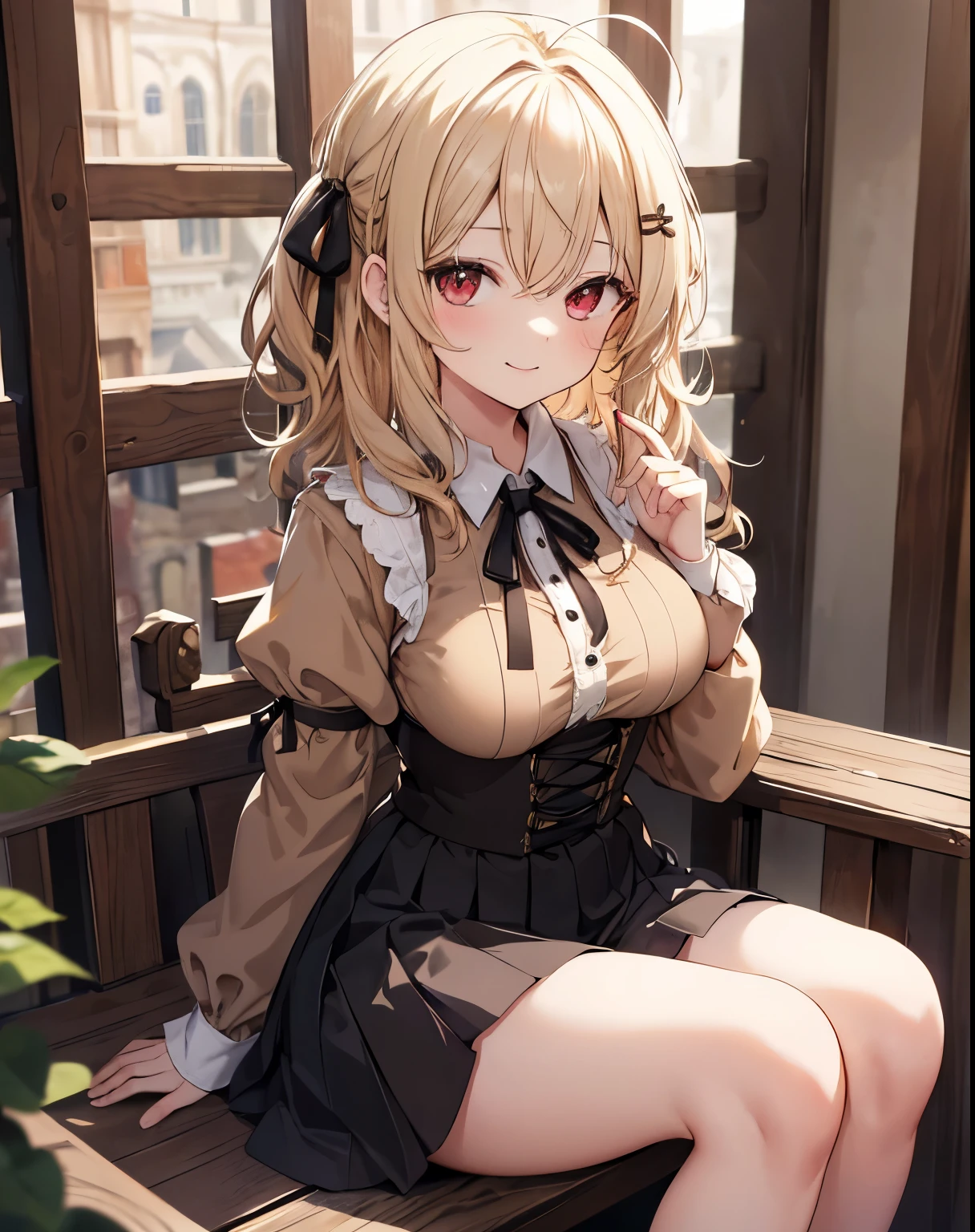 masterpiece,1girl, sparrow, a blonde haired girl, wearing a brown medieval european villager clothes, curly medium hair, messy hair, black skirt, slim body, hair ribbon, medium breasts, she close her left eye, shirt ornament, lolippai, naughty smile, beautiful breasts, rounded breasts, red eyes, dress, miniskirt, sit at medieval village, ahoge, brown shirt
