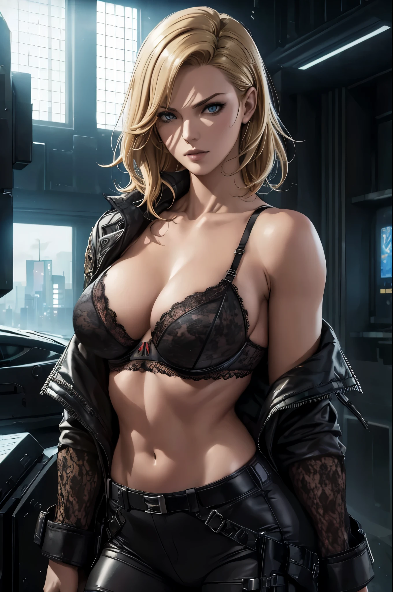 super fine illustration, ultra high resolution, masterpiece, highest quality, perfect shiny shinny skin, perfect lighting, detailed lighting, dramatic shadow, ray tracing, 1 beautiful white milf, looking at the viewer, small breasts, ((beautiful detailed hazel eyes)), sharp face, clear eyes, long bangedium curly hair)), ((blond hair)), ((cyberpunk dark city)), Upper body, ((black lace bra:1.35)), camouflage long pants, military harness, Alice Abernathy - Resident Evil Series, Milla Jovovich,