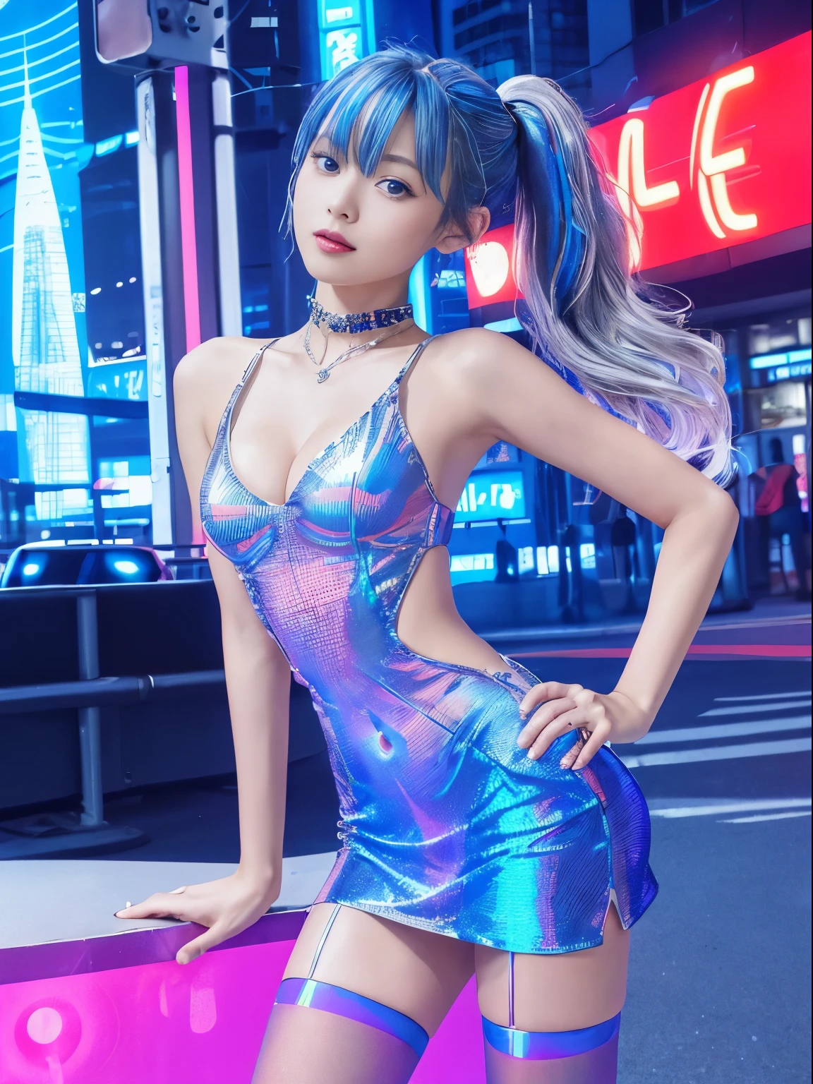 ((masterpiece:1.4, best quality))++, (ultra detailed)+,(best quality,ultra-detailed,vivid color,colorful, dynamic angle, high contrast:1.2),upper body,
(two-tone metallic red color short tight party dress:1.2),sexy,(short_skirt:1.3),high_heels,stockings,sleeveless,bare back,(futuristic cityscape,racing track, neon sign, search light, holograms:1.3),delicate face, delicate features,(from below:0.5),
fashionable, vibrant, outfit, posing, front, colorful, dynamic, background, elements, confident, expression, statement, accessory, majestic, coiled, around, scene,cover, bold, attention-grabbing,stylish, font, catchy, striking, modern, trendy, focus, fashion,
cute 1girl,(solo:1.3),(flat chest:1.2),double ponytail,(jewel-like blue eyes:1.3), (shiny hair, silver long hair:1.3), haneoka_meimi,