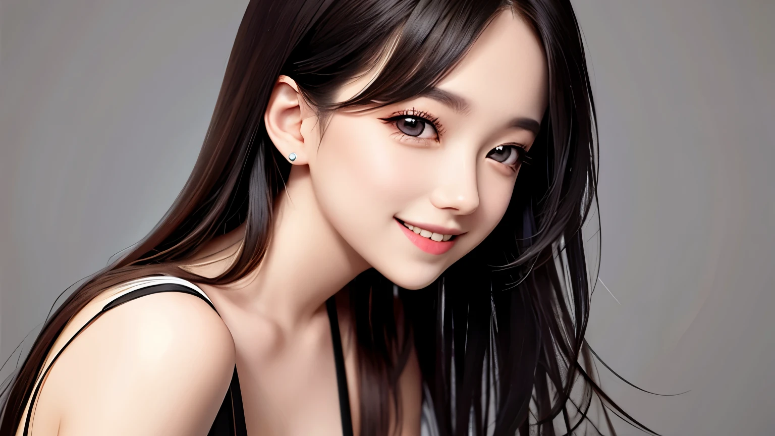 1 girl, alone,monotone,cleavage,portrait,From the side,beautiful eyes、smile