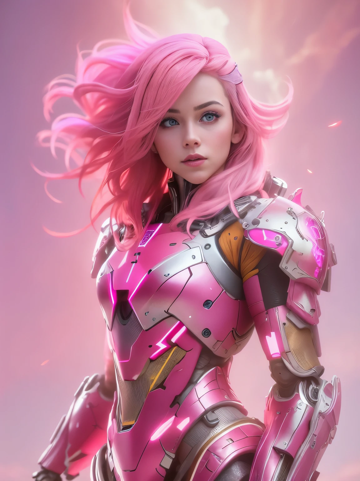 photorealistic of beautiful female wearing a pink robotic armour, pink hair with overflowing pink aura, dynamic pose, soft volumetric light, (backlit:1.3), (motion picture:1.2), intricate detailed, model photography, white background, studio lighting, dramatic, chromatic aberration.