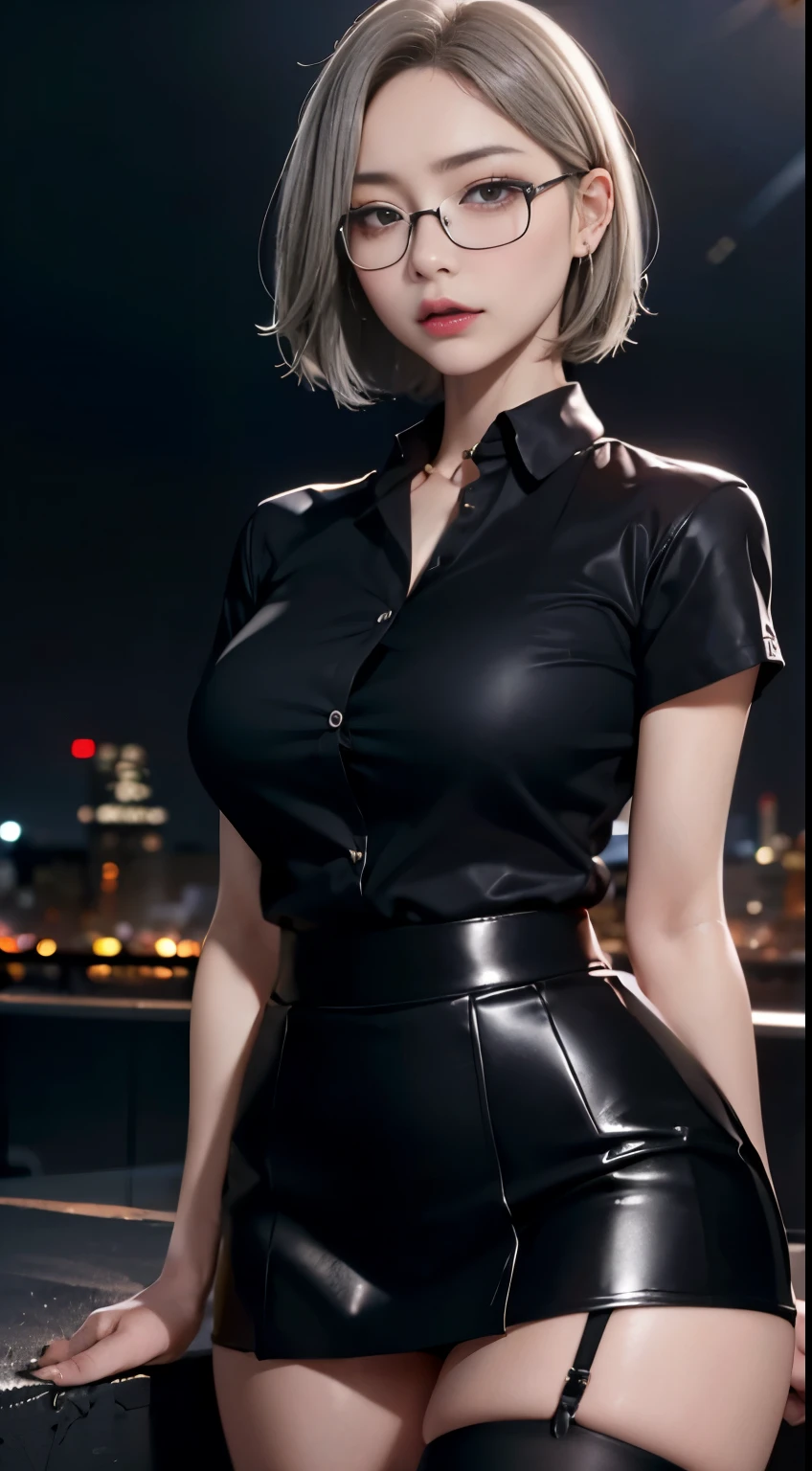 4K quality、最high qualityの傑作、Punk girl wearing thin silver glasses and a black shirt, (heavy makeup), Blurred city background at sunrise, short hair, detailed face, high quality, High resolution、(full shot:1.8), big breastini skirt、garter belt and black stockings