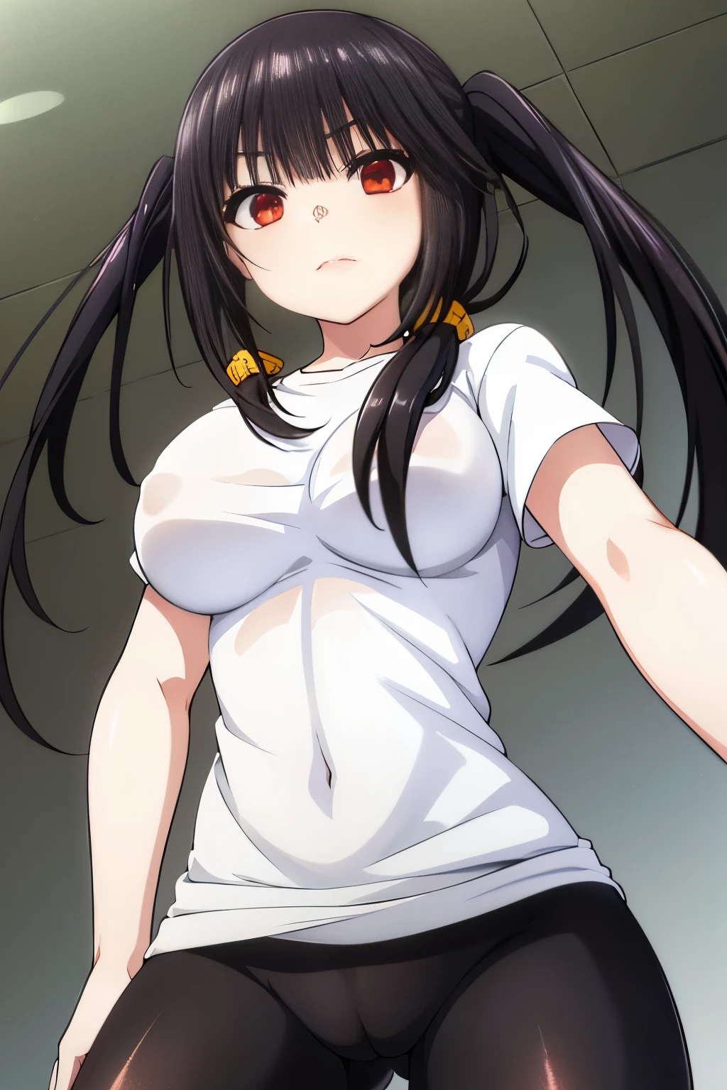 Optimal,masterpiece,High resolution,highest quality,(cowboy shot)、cute face,,black hair、long hair、twin tails、 ((scarlet eyes)),long eyelashes,drooping corners of the eyes,Are standing、thin legs、white skin,((Shoot from below:1.5)), ((Wearing a tight white t-shirt:1.5)), ((tight yoga pants)). ((pointed nipples))、rocket tits , big breasts,