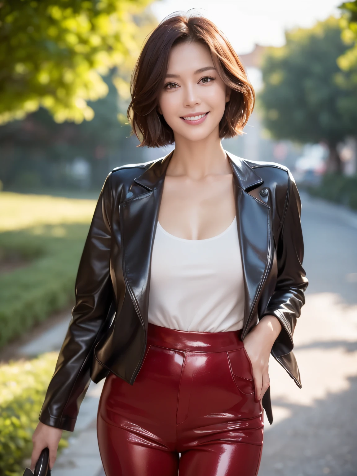 masterpiece,highest quality, (1 mature woman、38 years old), ((close:0.5)), glare, wool jacket,genuine leather pants、 white shirt, double eyelid, eyelash, lip gloss, (smile:1), ((close your eyes:0.85)), ((looking at the viewer、The whole body is reflected、Are standing)), to be born, (From above:0.2), ((no one)), (office)、Depth of written boundary、尖ったred mouth、(reddish brown wet shiny short hair,,,,,,,,,),red mouth,clavicle、full body portrait、digital illustration, (Photoreal:1.3),(RAW photo),(woman standing in front of an old castle, Beautiful lawn, Squirting, Bright sunlight in the city of Modena, Italy) , 8k, Super detailed, highest quality, rough skin, anatomically correct, masterpiece , highest quality, cinematic lighting, Use perspective throughout , surrealism , ,(realistic:1. 3),(RAW photo) , black hair, light smile, short hair, bob cut, anaglyph, stereogram, (mature woman:1), (38 years old), ((close:0.5)), glare, double eyelids, lip gloss, (smile:1), ((eyes closed:0.85)), red mouth, clavicle, ((looking at the viewer)), (short hair of reddish-brown color wet and shiny,), (I can see the whole body) , Slightly thick body type , I opened my eyes wide. , perfectly round eyes , fine texture
