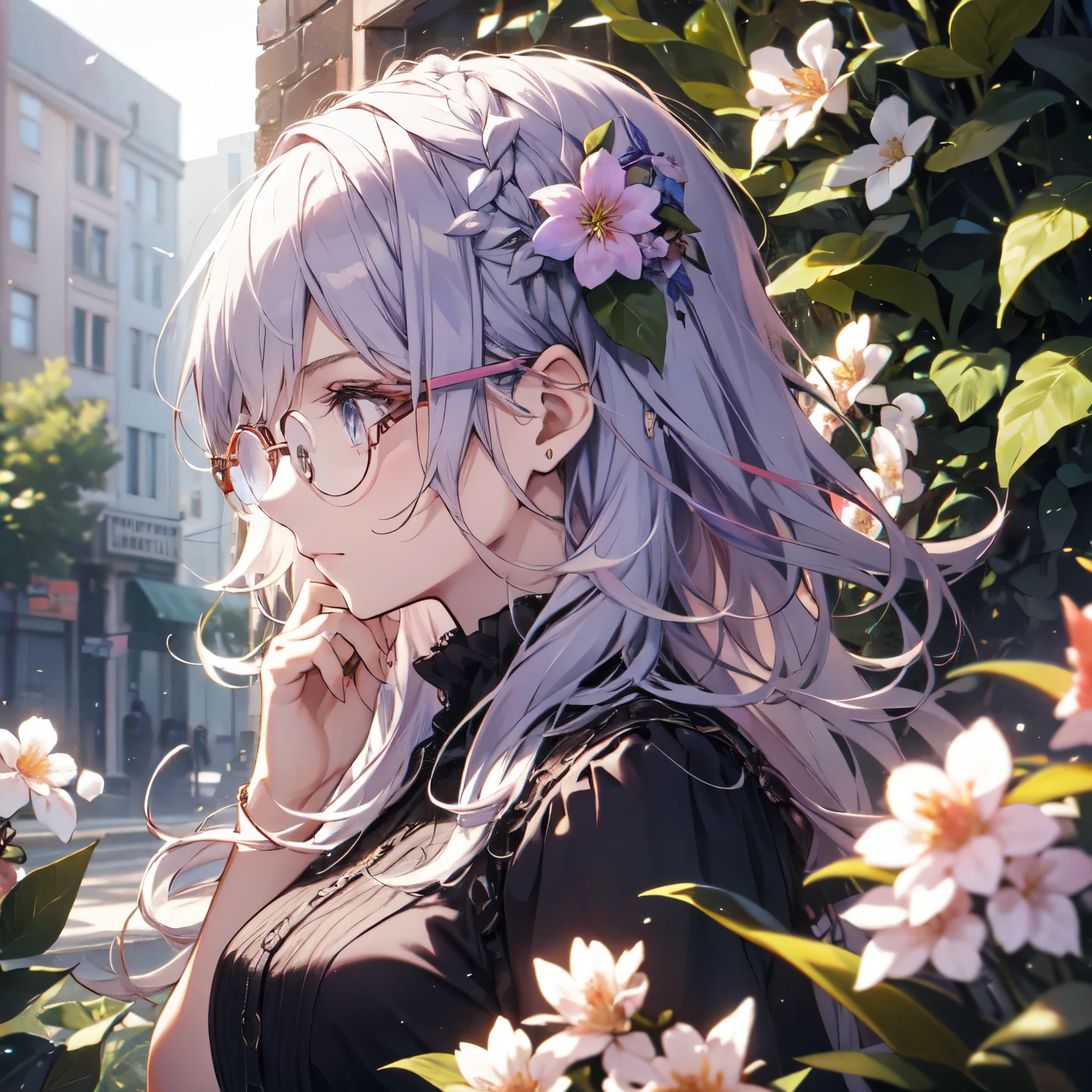 Natural light, floating hair, soft smile, profile, light purple hair, Spring flower, (Glasses)