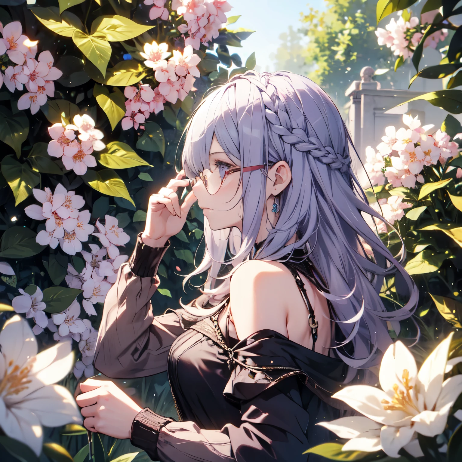 Natural light, floating hair, soft smile, profile, light purple hair, Spring flower, (Glasses)