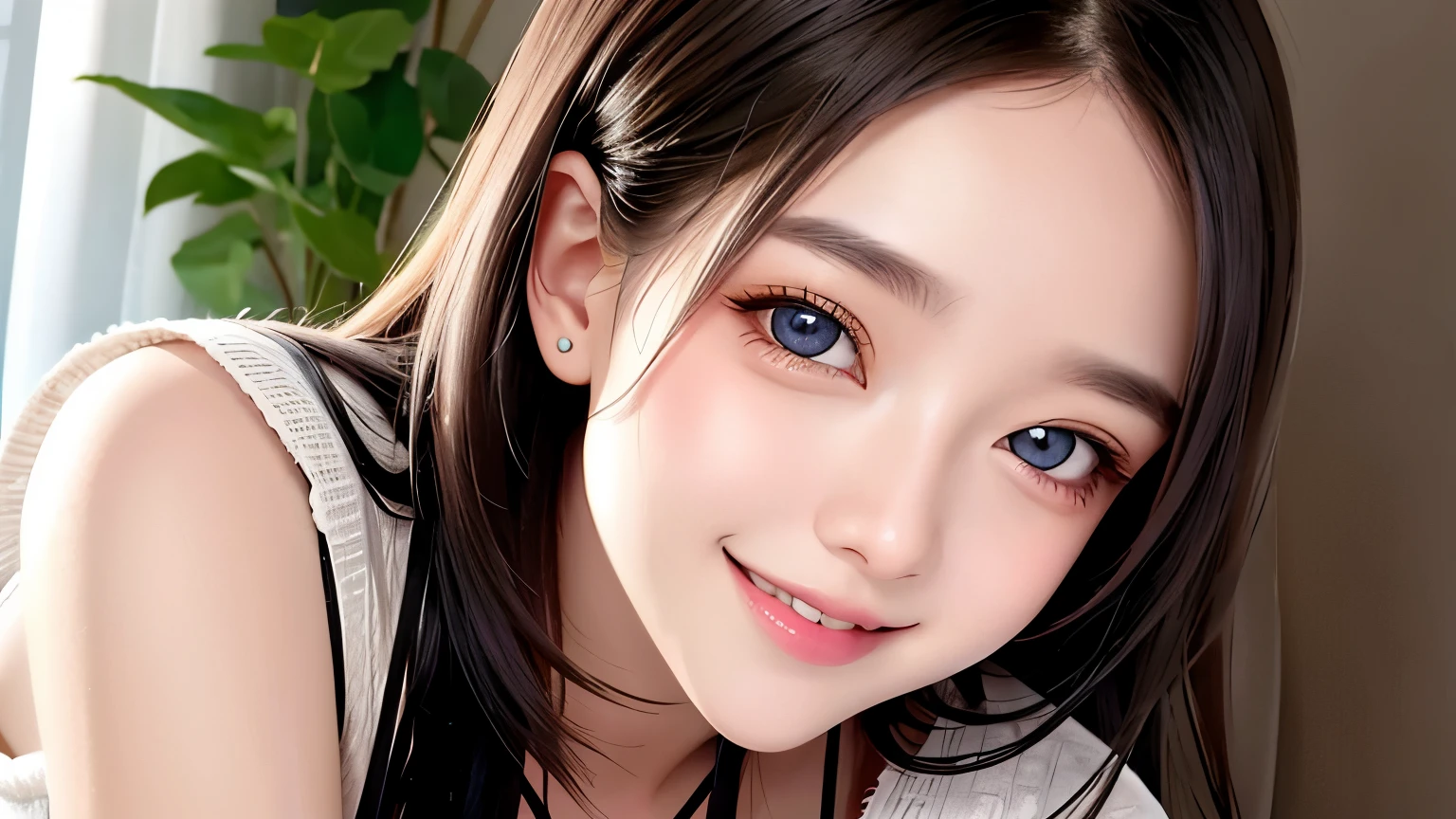 1 girl, alone,monotone,cleavage,portrait,beautiful eyes、smile