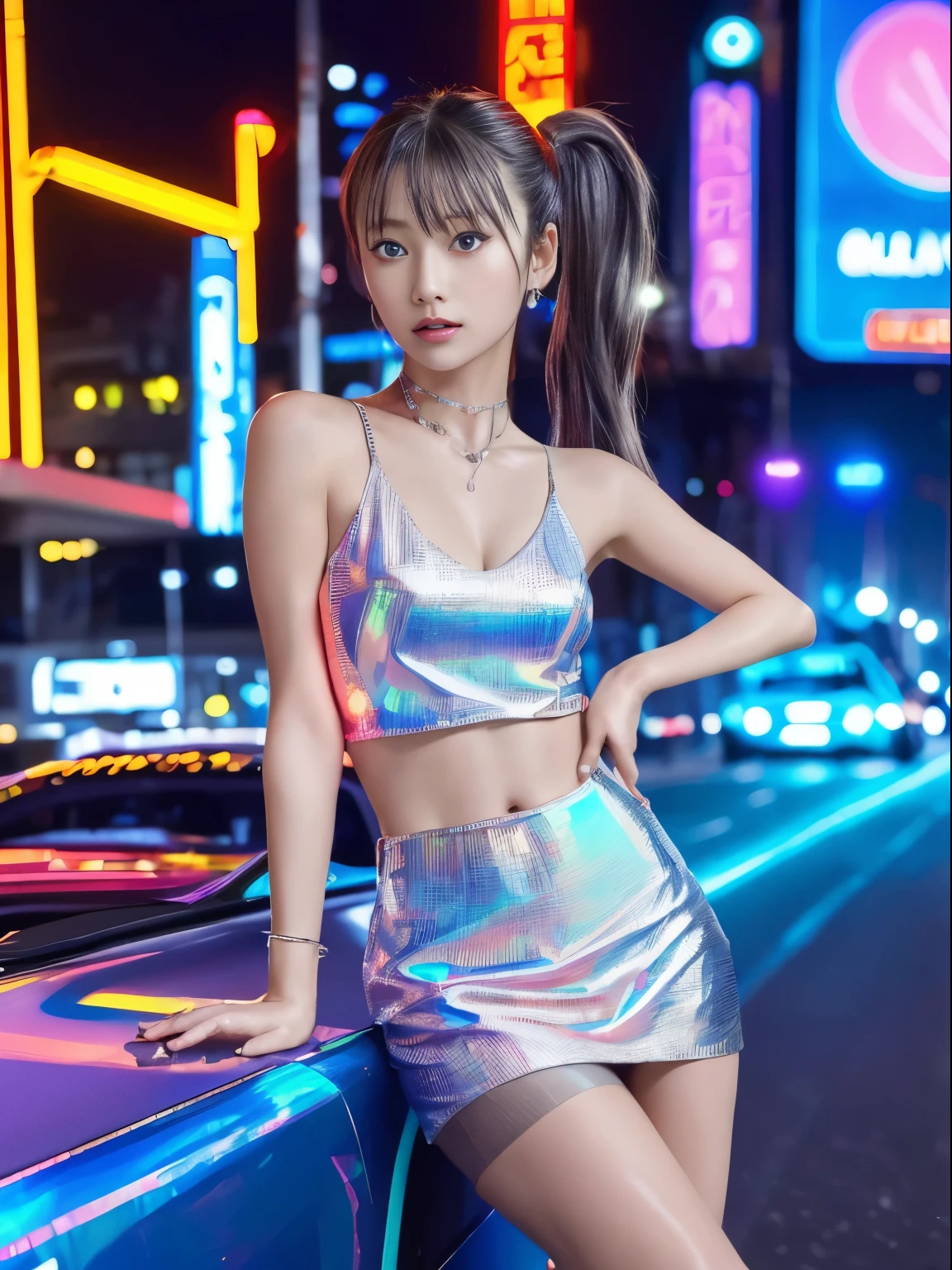 ((masterpiece:1.4, best quality))++, (ultra detailed)+,(best quality,ultra-detailed,vivid color,colorful, dynamic angle, high contrast:1.2),upper body,
(two-tone metallic red color short tight party dress:1.2),sexy,(short_skirt:1.3),high_heels,stockings,sleeveless,bare back,(futuristic cityscape,racing track, neon sign, search light, holograms:1.3),delicate face, delicate features,(from below:0.5),
fashionable, vibrant, outfit, posing, front, colorful, dynamic, background, elements, confident, expression, statement, accessory, majestic, coiled, around, scene,cover, bold, attention-grabbing,stylish, font, catchy, striking, modern, trendy, focus, fashion,
cute 1girl,(solo:1.3),(flat chest:1.2),double ponytail,(jewel-like blue eyes:1.3), (shiny hair, silver long hair:1.3), haneoka_meimi,