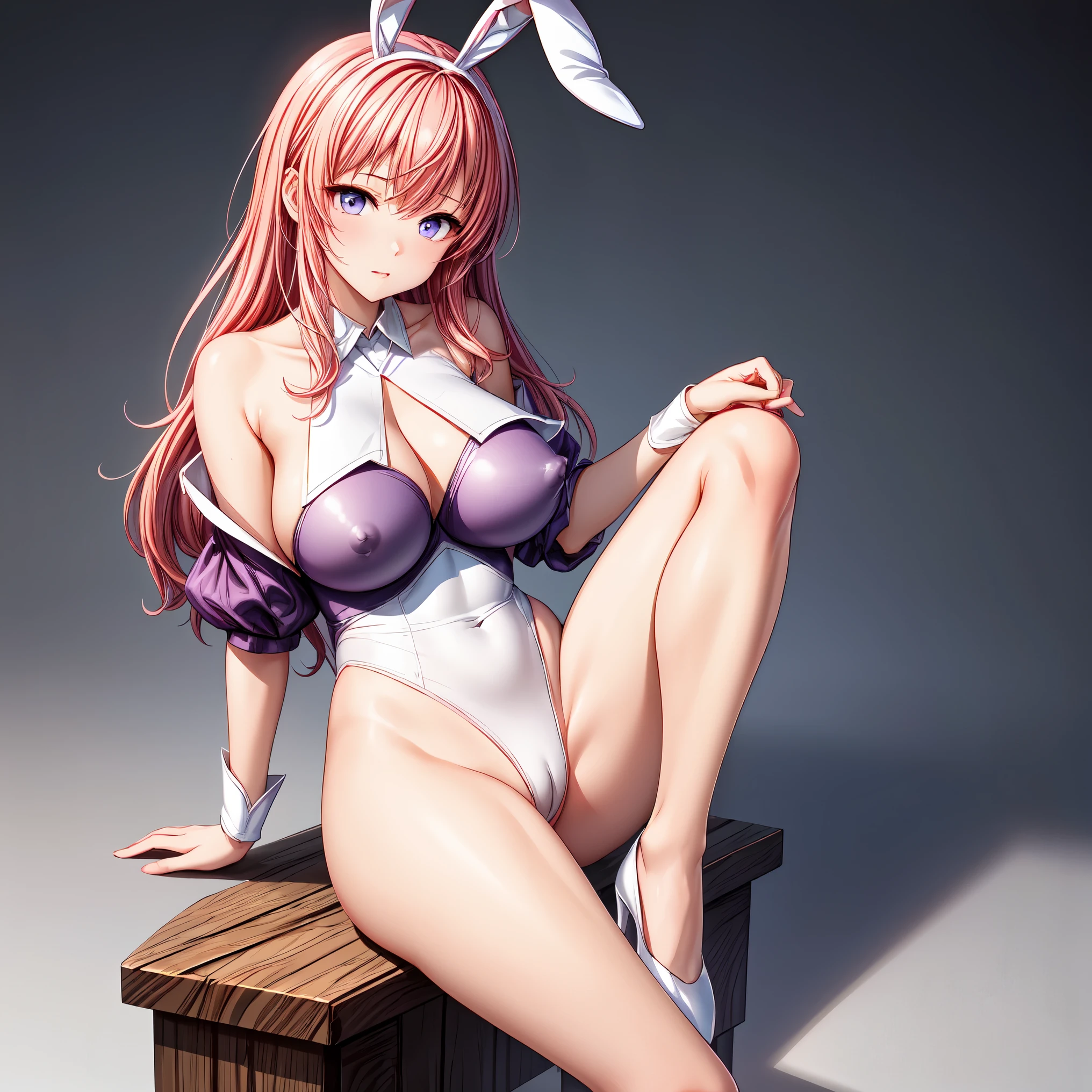 masterpiece, highest quality,beautiful eyes, beautiful hair, beautiful face, beautiful skin, solo, 1 girl, erect nipples, anime girl, (whole body), curvy, beautiful breasts,shiny skin,shining eyes, smooth skin, glowing skin, soft skin, shiny skin, （Purple high-leg bunny girl leotard with no decorations on the shoulders and neck.)、side boob, cleavage, bare legs, high heels, pink hair, (bare neck:1.3), (bare shoulder:1.3), (bare collarbone:1.3)