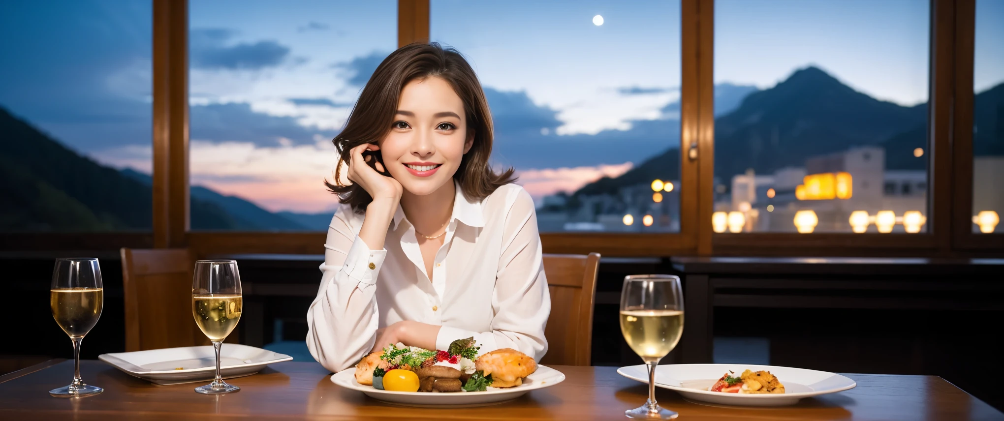 ((highest quality、8k、masterpiece:1.3))、1 male、1 female、lover、Beautiful couple、Smile、 (Slim face), (the body is スリム), (Brown Hair), (Shortcuts), ((Bob Hale、Straight hair:1.2)), Wine glass on the table、Please shine a light on my face、 Amazing view of the sunset sky and clouds、Amazing mountain views、The beauty of a smile、Bright image、Blushing, Shortcuts,Bright Face、 (Age 35), 39 years old, red wine 、Appetizers、Italian food、Wine bottle、Champagne、sparkling wine、Long sleeve shirt、dress、Attractive beauty、restaurant, Nova Frog Style, actress, model, Upper Body, White wine, red wine, wine glass, 