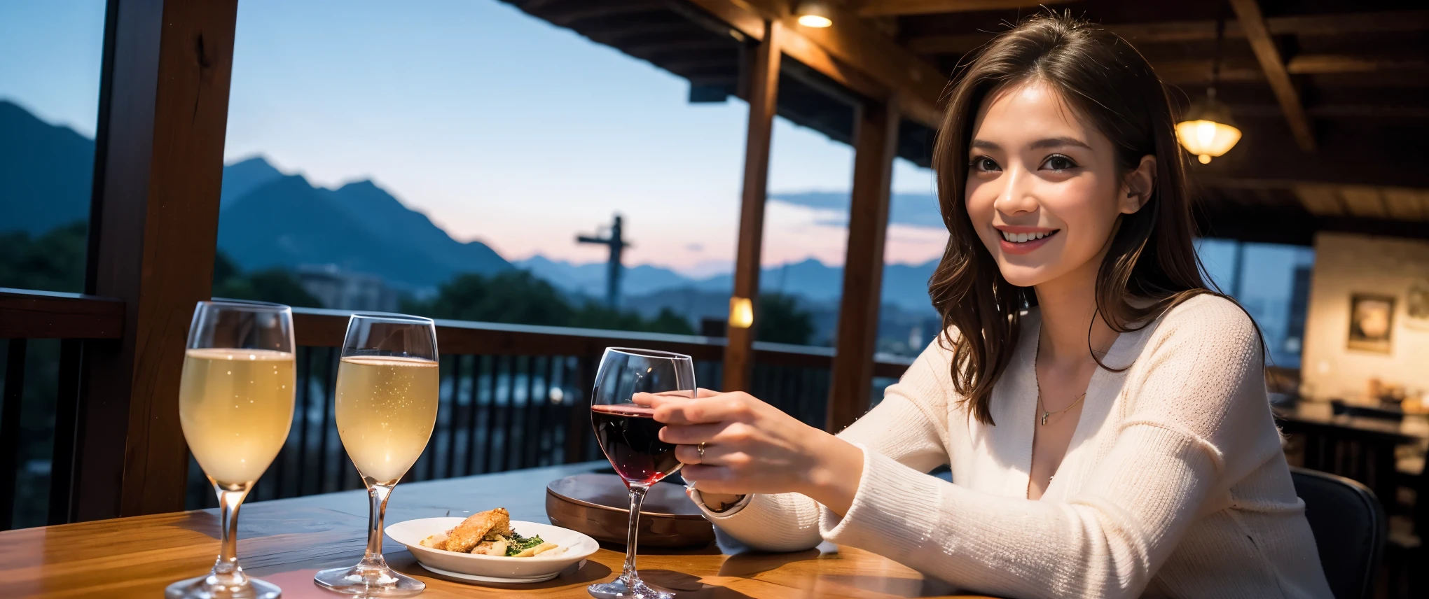 (including 64k, nffsw, highest quality, table top: 1.2), (realistic, photorealistic: 1.37), Spectacular view of the sunset sky and clouds、Amazing mountain views、long sleeve shirt、winter fashion、Columbia、Brazilian、Japanese、Dutch、German、Portuguese、Belgian、Italian、French,Champagne、sparkling wine、 (slimフェイス), (slimボティ), (brown hair), (shortcut), neat beauty、cheeks turn a little red, (42 years old), 40 years old, alone, 窓の外には美しく緻密なnight景が広がります., restaurant, wine glassが座っている, nightに, in a prominent place (from the Upper body) nova frog style, actress, model, Upper body, White wine, slim, wine glass, Super Clean night View, wine glass Put in the Middle, Happy smile, (smile: 1.15), beautiful and detailed eyes, Upper body, bust japan up, night, short, short, actress, model, Upper body, White wine, slim, wine glass, Super Clean night View, wine glass Put in the Middle, Happy smile,