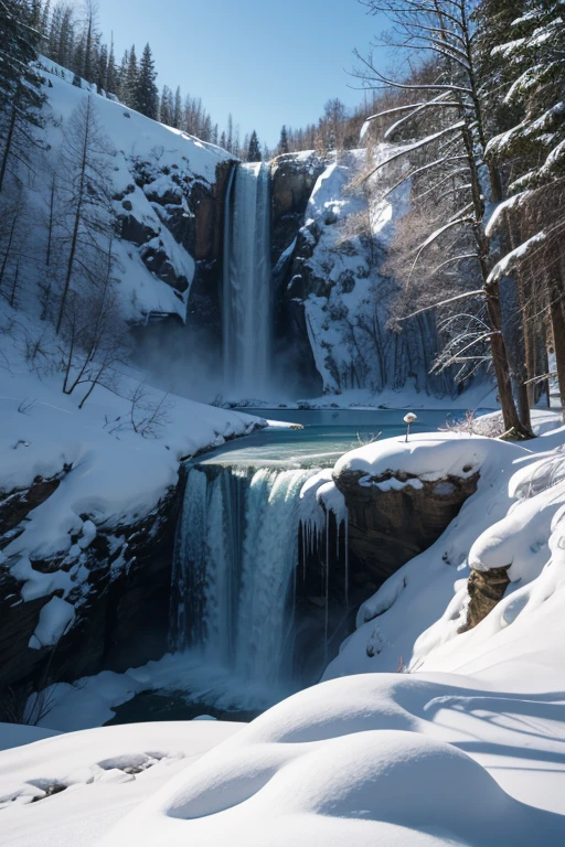 Frozen waterfall in a snowy landscape, sunny, from below