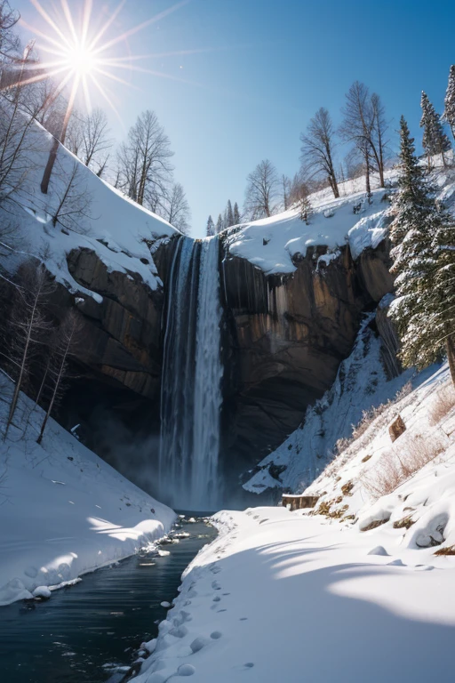 Frozen waterfall in a snowy landscape, sunny, from below