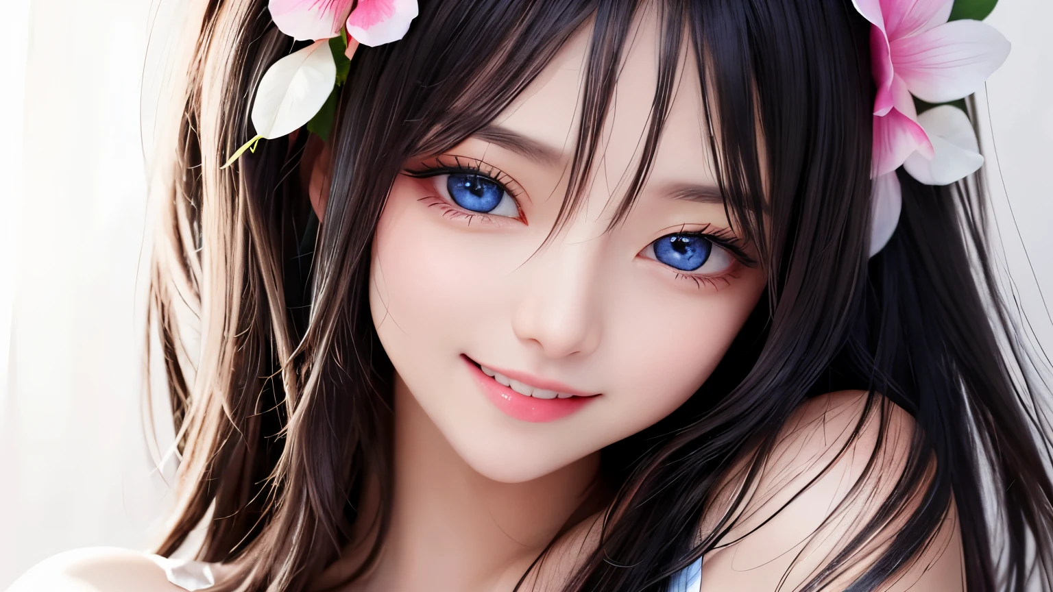 1 girl, alone,monotone,cleavage,portrait,beautiful eyes、smile