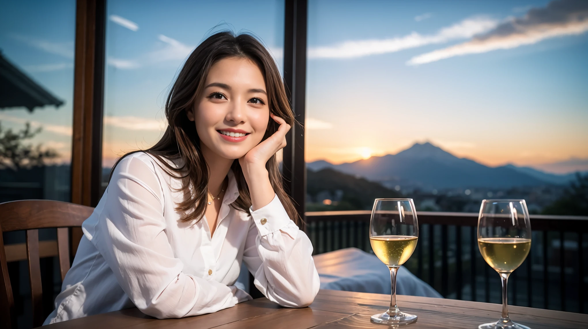 (including 64k, nffsw, highest quality, table top: 1.2), (realistic, photorealistic: 1.37), Spectacular view of the sunset sky and clouds、Amazing mountain views、long sleeve shirt、winter fashion、Columbia、Brazilian、Japanese、Dutch、German、Portuguese、Belgian、Italian、French,Champagne、sparkling wine、 (slimフェイス), (slimボティ), (brown hair), (shortcut), neat beauty、cheeks turn a little red, (43 years old), 38 years old, alone, 窓の外には美しく緻密なnight景が広がります., restaurant, wine glassが座っている, nightに, in a prominent place (from the Upper body) nova frog style, actress, model, Upper body, White wine, slim, wine glass, Super Clean night View, wine glass Put in the Middle, Happy smile, (smile: 1.15), beautiful and detailed eyes, Upper body, bust japan up, night, short, short, actress, model, Upper body, White wine, slim, wine glass, Super Clean night View, wine glass Put in the Middle, Happy smile,