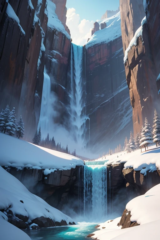 Frozen waterfall in a snowy landscape, sunny, from below