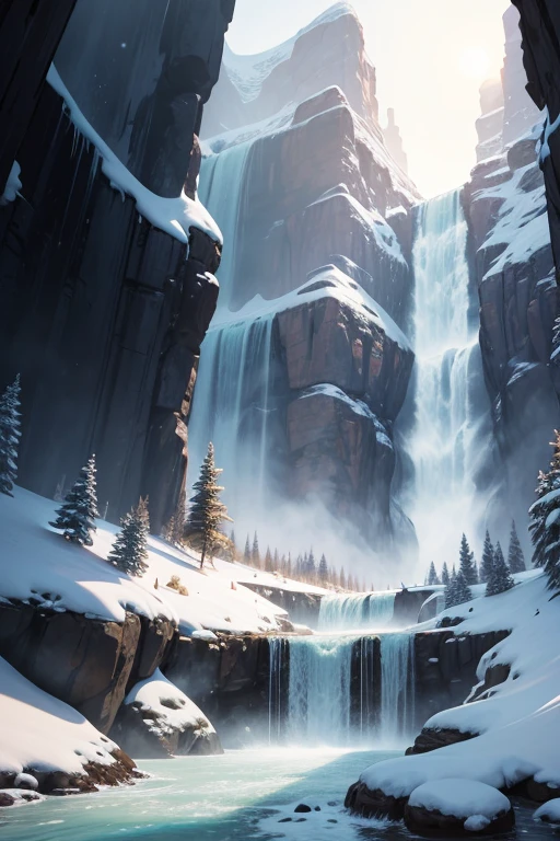 Frozen waterfall in a snowy landscape, sunny, from below
