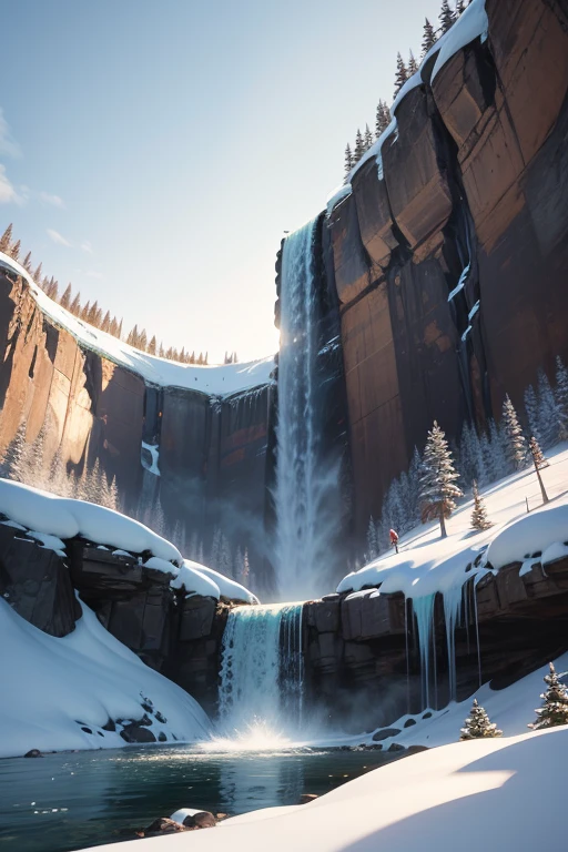 Frozen waterfall in a snowy landscape, sunny, from below