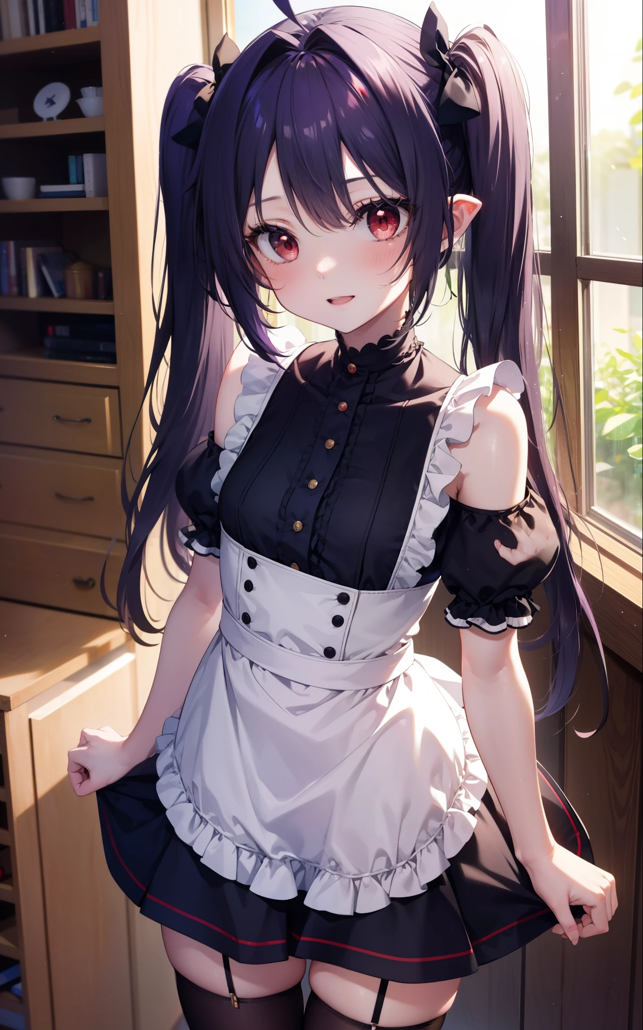 yuukikonno, Yuki Konno, hair band, long hair, pointed ears, purple hair, (red eyes:1.5), (small breasts:1.2),Ahoge,tilt one&#39;s face, twin tails,open your mouth,smile,blush,she was wearing a maid skirt, black stockings on her legs, put both arms behind one&#39;s back,slouch,peek from above,bare shoulders,cute standing,
break looking at viewer, Upper body, whole body,
break indoors, Bedroom,
break (masterpiece:1.2), highest quality, High resolution, unity 8k wallpaper, (figure:0.8), (detailed and beautiful eyes:1.6), highly detailed face, perfect lighting, Very detailed CG, (perfect hands, perfect ???????),