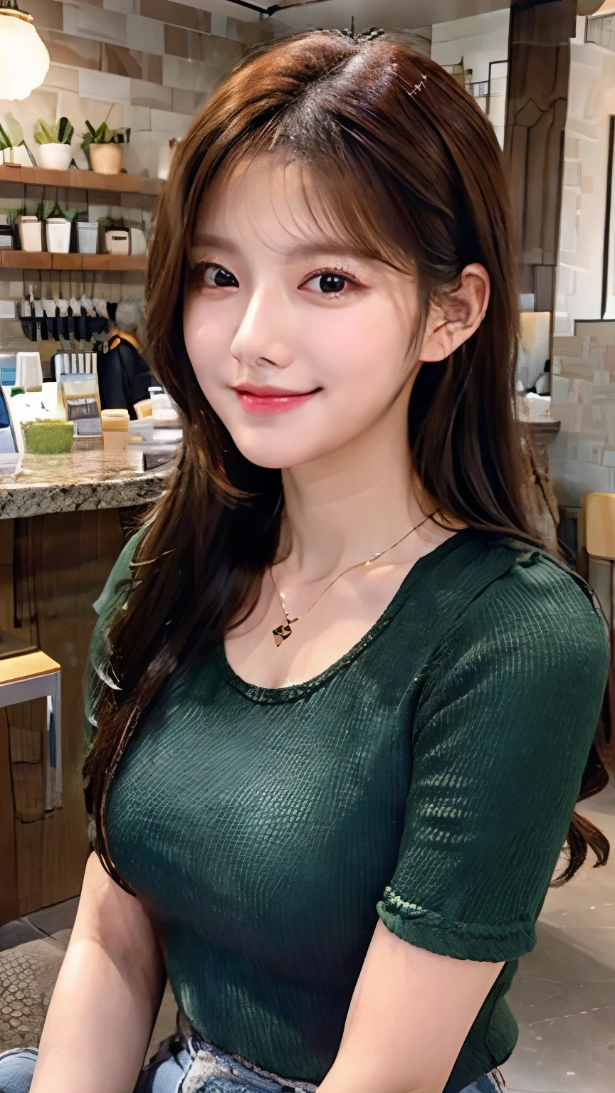 UHD, close-up of cute Korean female,Chest size 32 inches, ponytail, Wearing t-shirt, necklace, rest one's chin on one hand in the cafe
