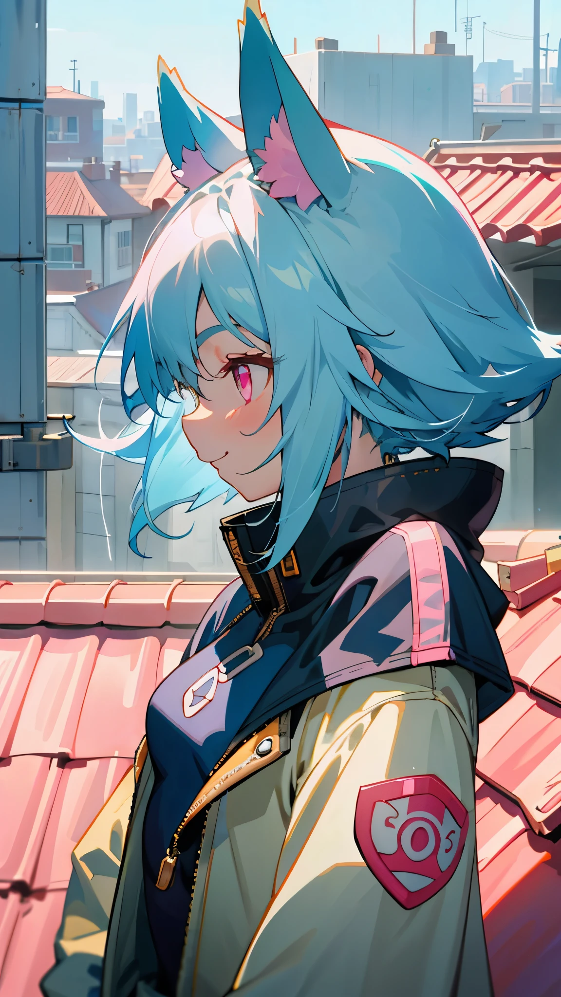 16 year old girl、Wear a rider's jacket、casual style、small breasts、light blue hair、dog ears、pink eyes、profile、lots of acorns、smile、upper body close-up、Rooftop of urban building area