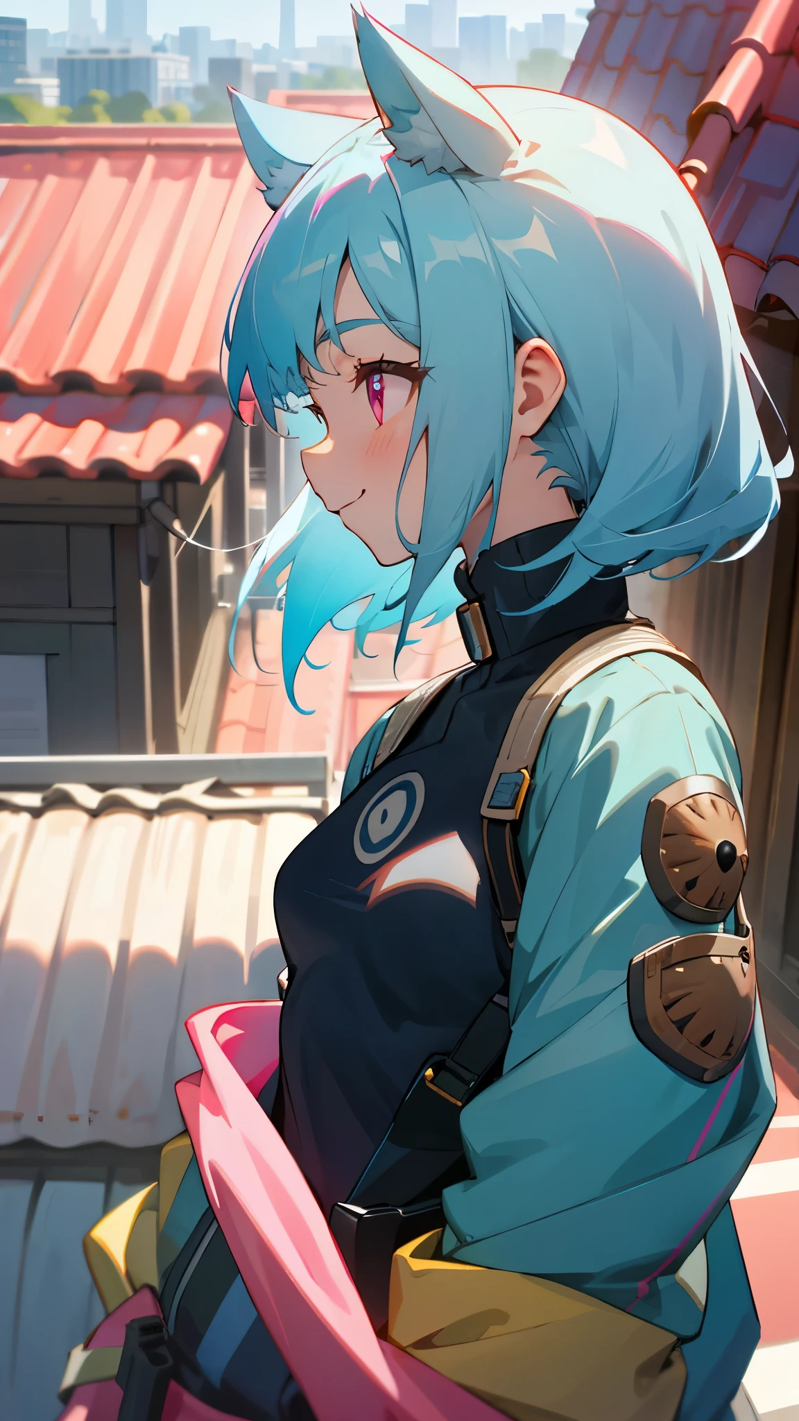  girl、Wear a rider&#39;s jacket、casual style、small breasts、light blue hair、dog ears、pink eyes、profile、lots of acorns、smile、upper body close-up、Rooftop of urban building area