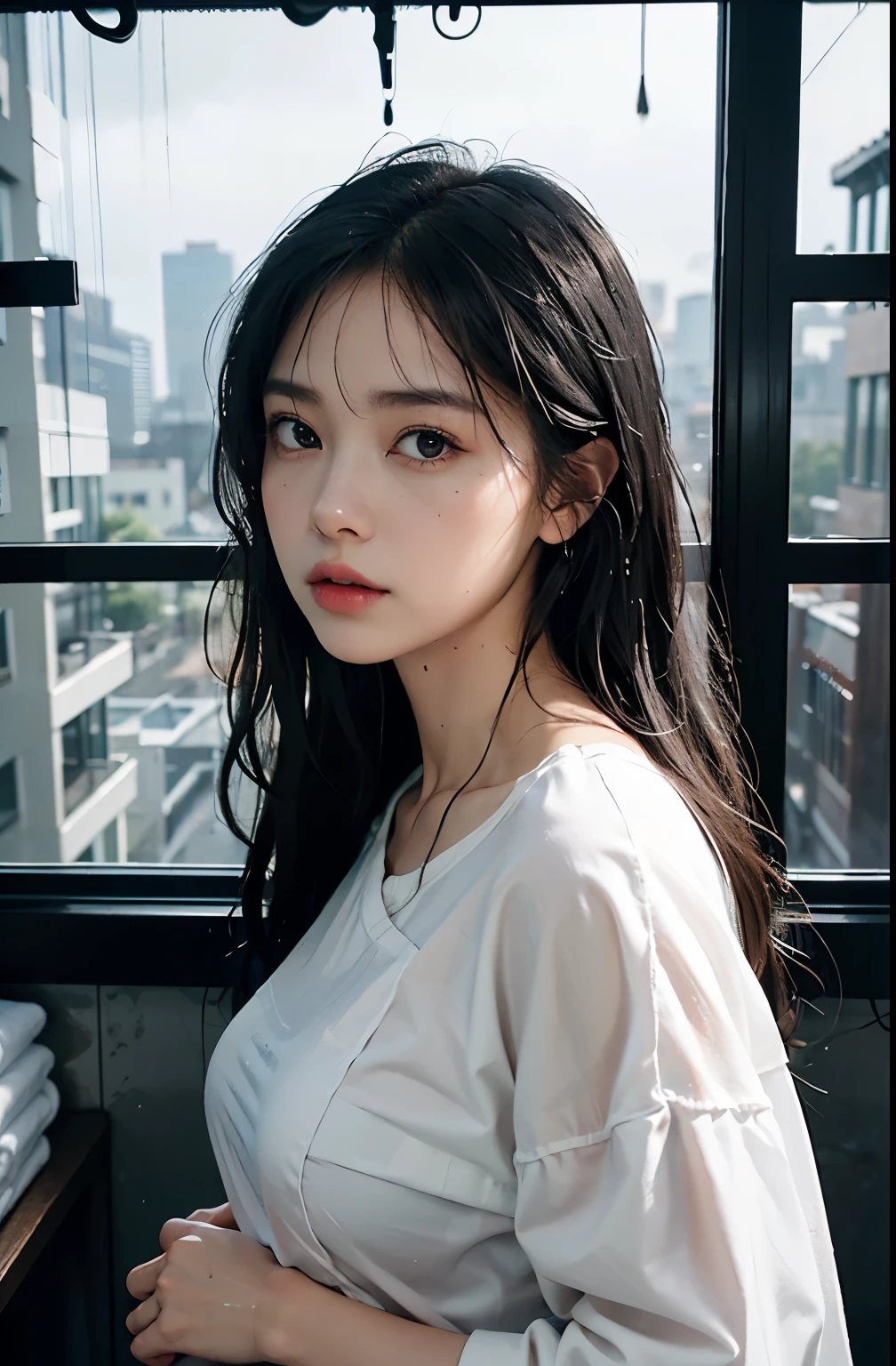 One beautiful woman, front, waist up angle, detailed eyes, big eyes, black eyes, fair skin, slender, black hair, long hair, wet hair, wet skin, background is a hotel room with night view, rain outside window, water drops on window, swollen eyes, sad expression, sexy, dressed in plain white t-shirt, night, straight hair,