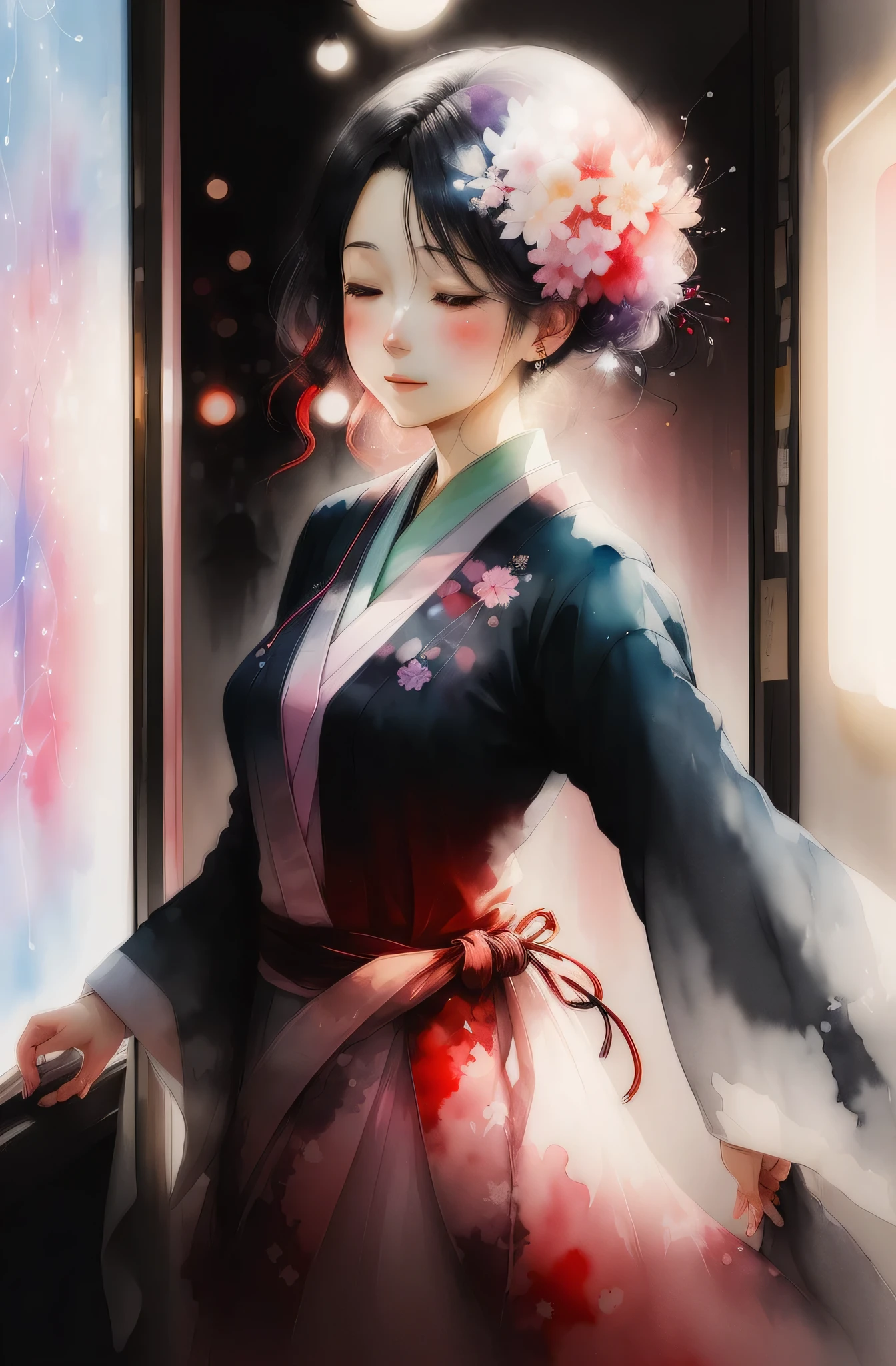 Watercolor Touch,a woman by AYAKO ROKKAKU, luminous design, pastel colours,spring lights,Artistic,black and deep red、