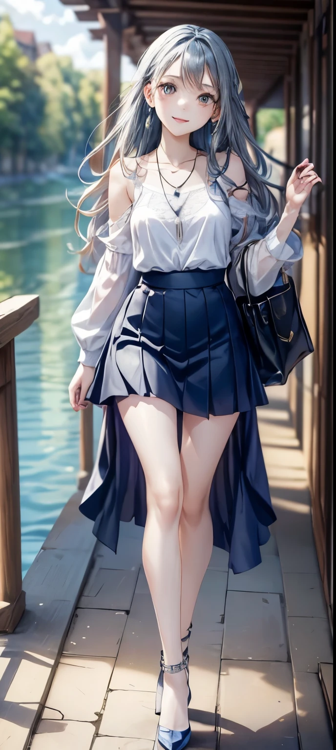 masterpiece、((focus on the face))、(full body shot、Full body photo including face)、((Symmetrical facial features))、(Biologically correct limbs、number of fingers)、Eyes of minute description、Beautiful woman、outstanding style、slender body、(small ass、thin thighs)、(smiling shyly、Watery eye)、peplum。((long skirt))、pantyhose、(high heels、anklets of the same color)、Photo showing the whole body、head to toe photo、Detailed depiction of faces、small earrings、necklace、high angle、The subject is far away、shallow depth of field、wide angle focal length、blue silver hair、long straight shiny hair、(Walking on the pier at Monet's Pond)、(Carrying a parasol made of lace)