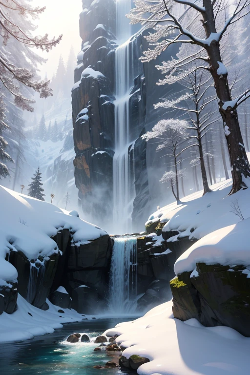 Frozen waterfall in a snowy landscape, sunny, from below