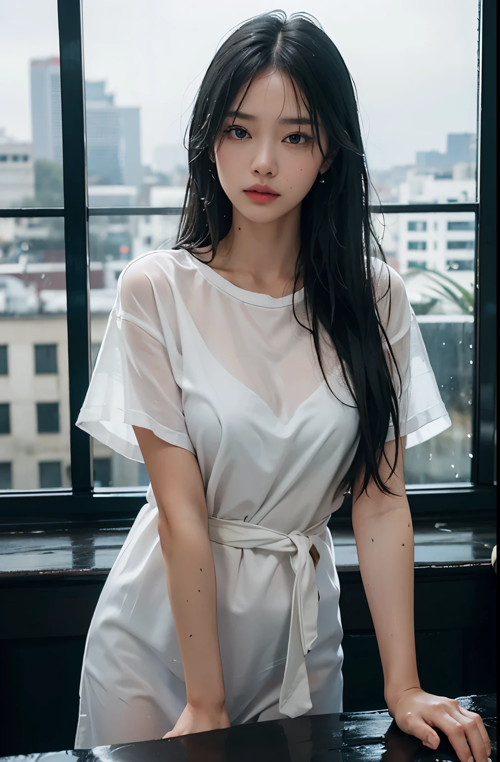 One beautiful woman, front, waist up angle, detailed eyes, big eyes, black eyes, fair skin, slender, black hair, long hair, wet hair, wet skin, background is a hotel room with night view, rain outside window, water drops on window, swollen eyes, sad expression, sexy, dressed in plain white t-shirt, night, straight hair,