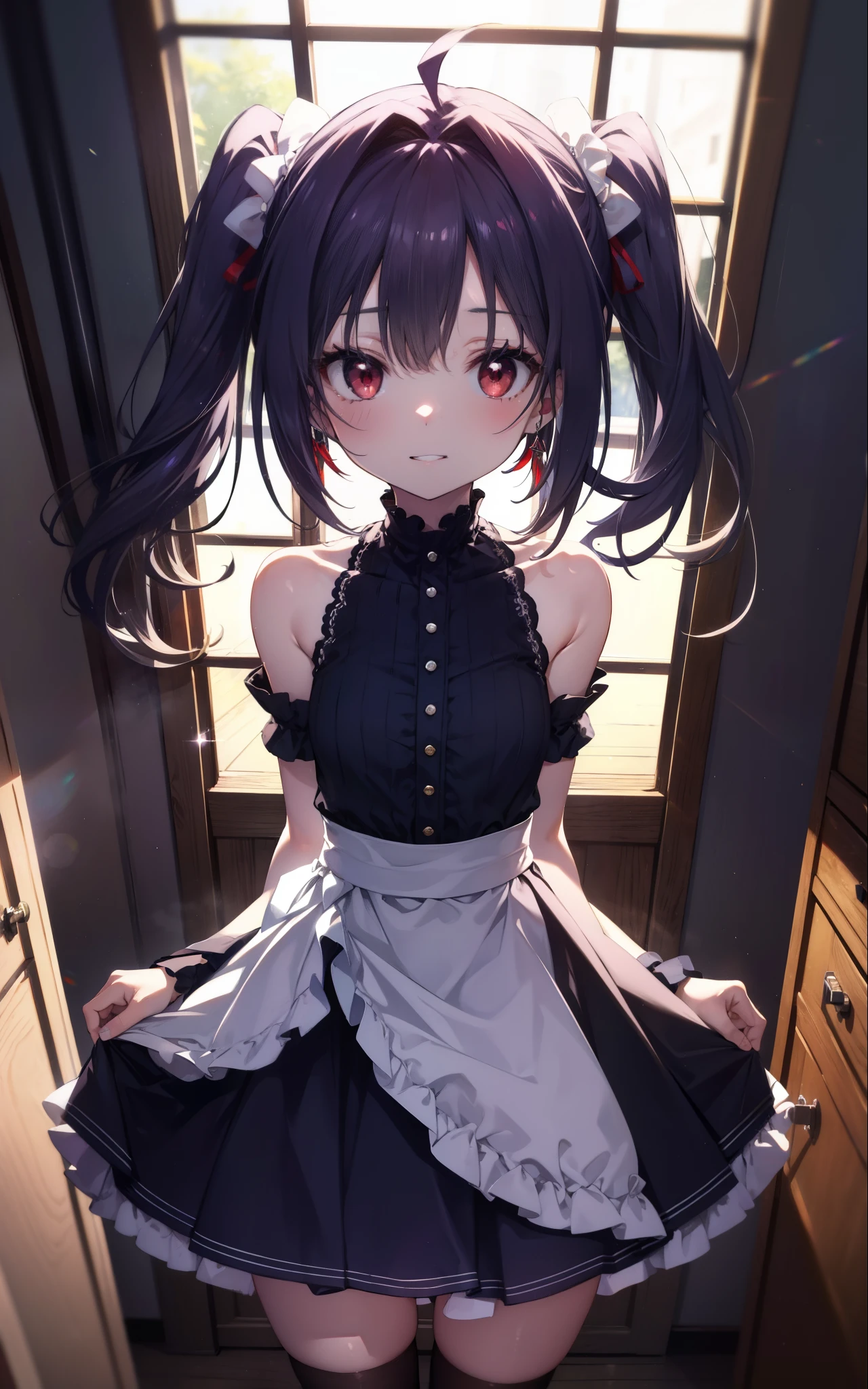 yuukikonno, Yuki Konno, hair band, long hair, pointed ears, purple hair, (red eyes:1.5), (small breasts:1.2),Ahoge,tilt one's face, twin tails,open your mouth,smile,blush,she was wearing a maid skirt, black stockings on her legs, put both arms behind one's back,slouch,peek from above,bare shoulders,cute standing,
break looking at viewer, Upper body, whole body,
break indoors, Bedroom,
break (masterpiece:1.2), highest quality, High resolution, unity 8k wallpaper, (figure:0.8), (detailed and beautiful eyes:1.6), highly detailed face, perfect lighting, Very detailed CG, (perfect hands, perfect anatomy),