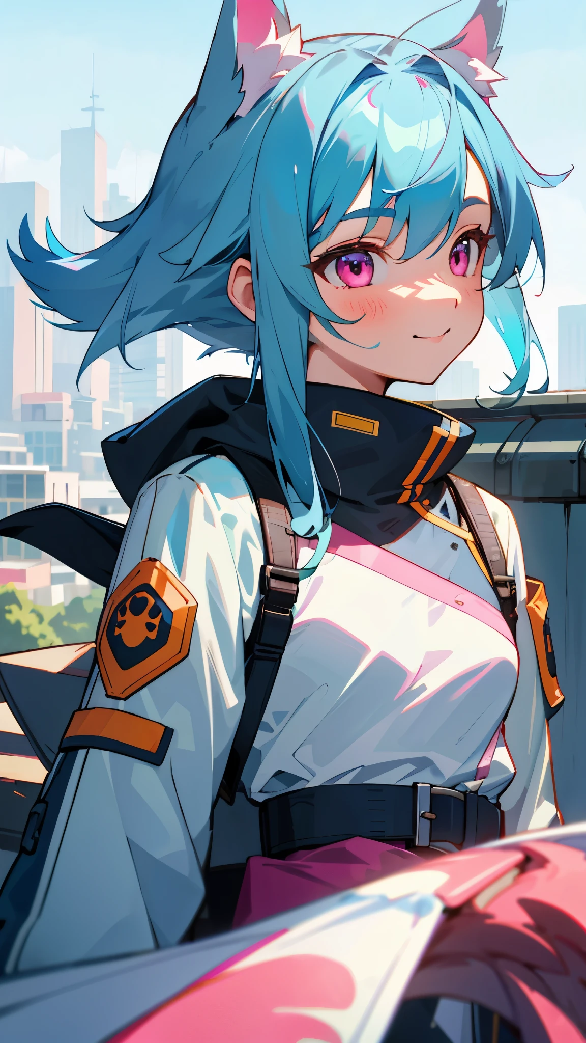  girl、wrap yourself in a battle jacket、casual style、small breasts、light blue hair、dog ears、pink eyes、profile、lots of acorns、smile、upper body close-up、Rooftop of urban building area